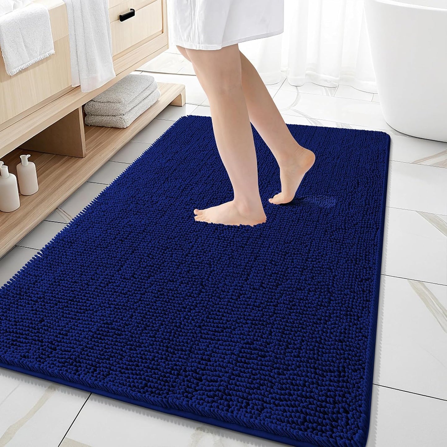 OLANLY Large Bathroom Rugs - Extra Soft Chenille Bath Mat with Rubber Backing | 59x35 Inches, Navy