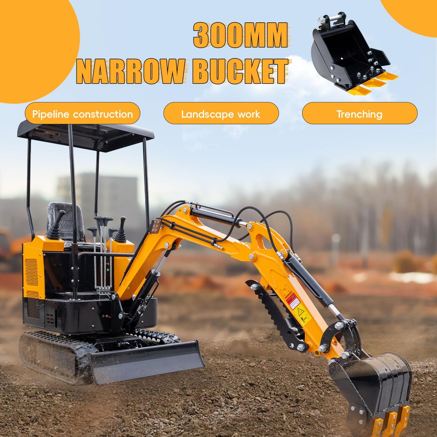 MMS 11.81in/300mm Mini Excavator Digging Bucket with Metal Teeth - 0.98"/25 mm Hole Diameter, 3.54"/90 mm Span, Mini Excavator Attachments Digging Bucket for Trenching & Digging