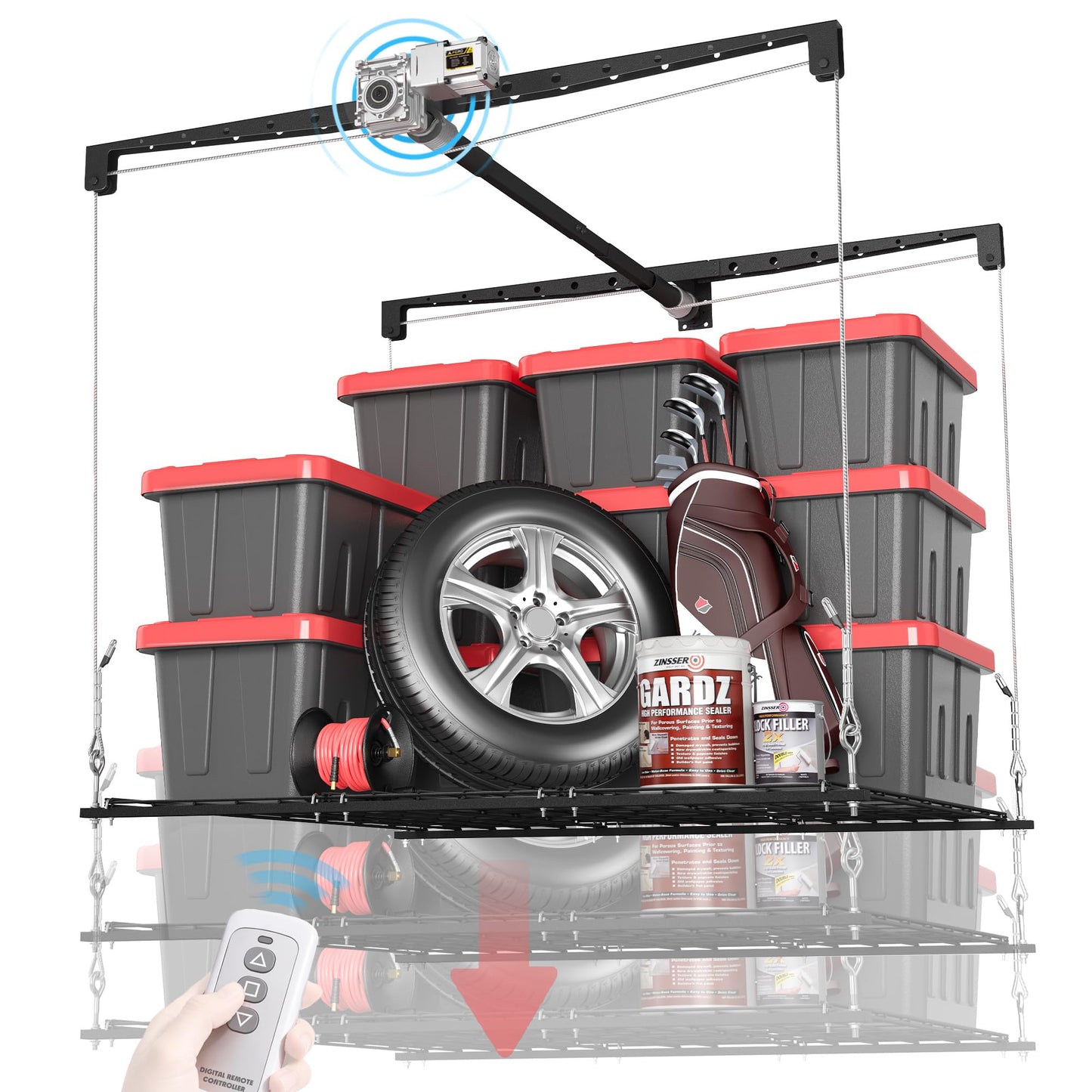 KOKORACKER Motorized Garage Ceiling Storage Racks with Remote Control, 4x4 FT Overhead Garage Storage Rack, Heavy-Duty Lift Storage System, Space-Saving Hanging Shelves, 250 Lbs Capacity