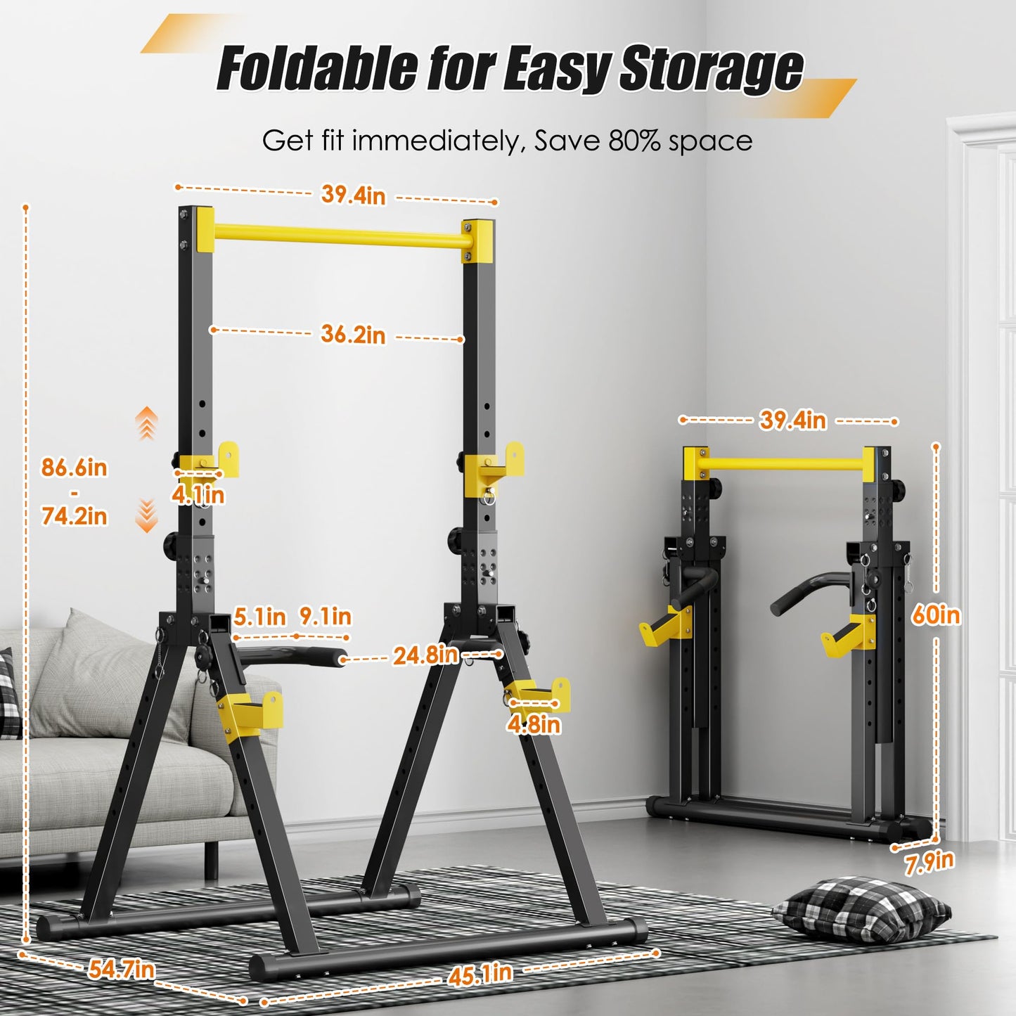 soges Foldable Power Tower, Pull Up Dip Station for Home Gym, 500 LBS Capacity Power Tower with Triangular Design, Adjustable Height Pull Up Bar for Full Body Workout (Yellow)