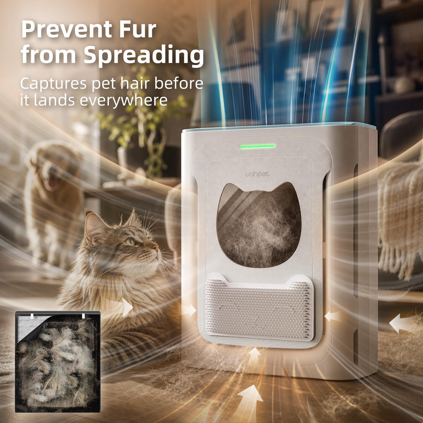 uahpet Pet Air Purifier, H13 HEPA Filter for Pet Hair, Dander & Odors, 2100 Sq Ft Coverage, Plug & Play No WiFi Required, Clog-Resistant Intake, Washable Pre Filter, Quiet 25dB