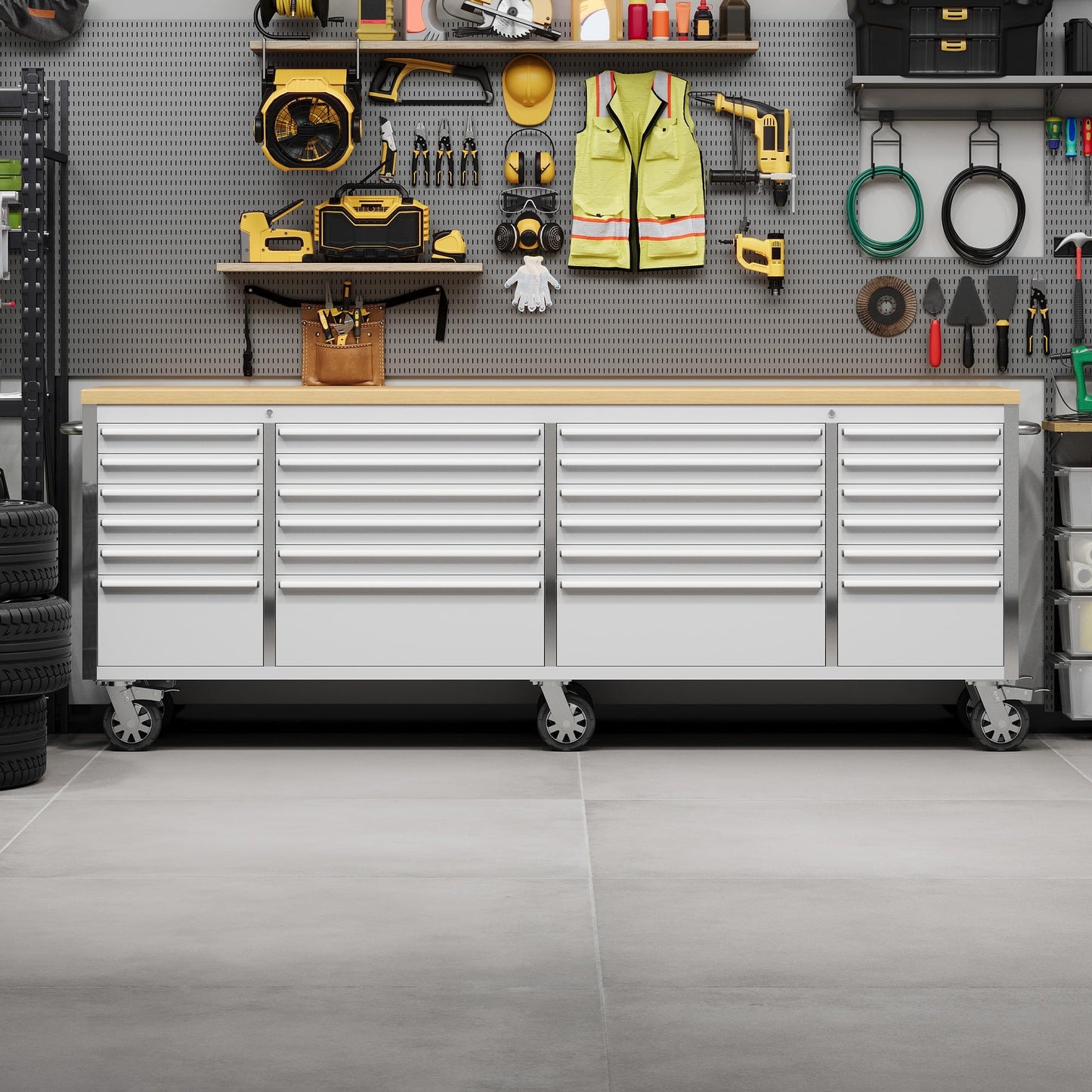 Heavy Duty 61" Tool Chest Cabinet, Mobile Garage Workbench with 24Drawers and Power Strip, Rubber Wood Worktop, 1675 LBS Load, Rolling Tool Storage Organizer for Mechanic, Shop or Home Use