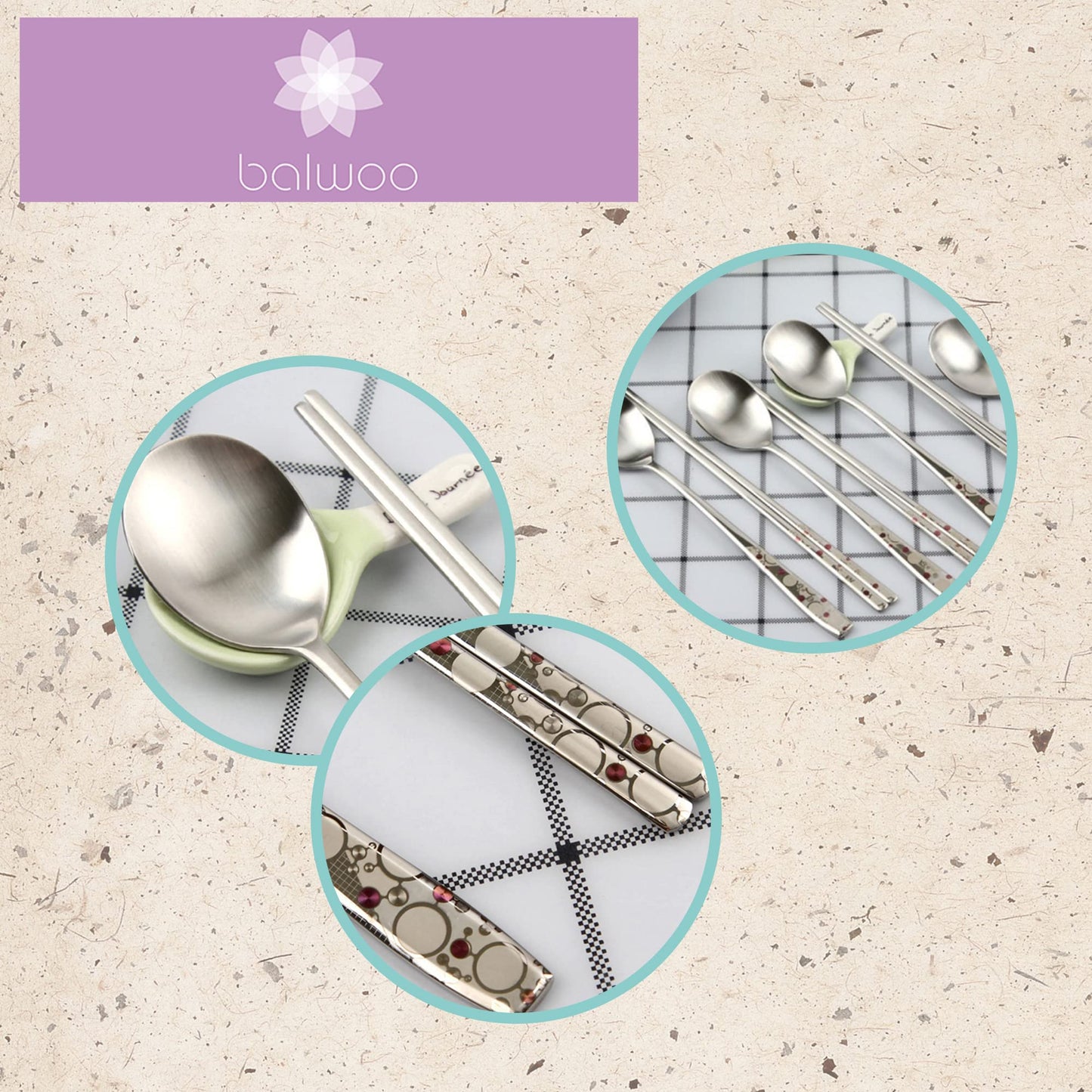 Balwoo [5 Sets][Made in Korea] Sticky Korean Style Rice Spoon Chopsticks Set 430 Stainless Steel Soup Spoon Ramen Noodle Chopsticks Flatware (The Milky Way)
