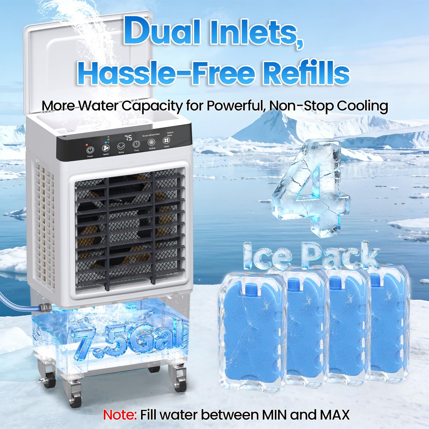 Swamp Cooler Air Conditioner, 4-in-1 Evaporative Air Cooler with 7.5-Gal Water Tank, 4 Modes, 3 Speeds, Dry Burn Protection, Remote, 12H Timer, Portable Windowless AC for Home, Office, Garage