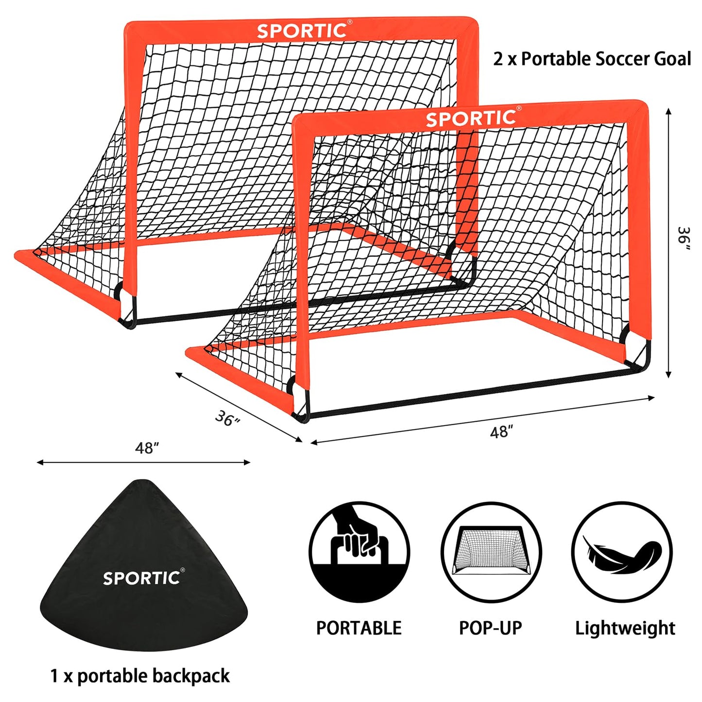 2 Pack 4' x 3' Soccer Goal Net Set, Pop Up Kids Practice Soccer Goals for Indoor and Outdoor.Portable Soccer Net with Carrying Bag & Ground Pegs, Perfect for Backyard, Field, Court (Orange)