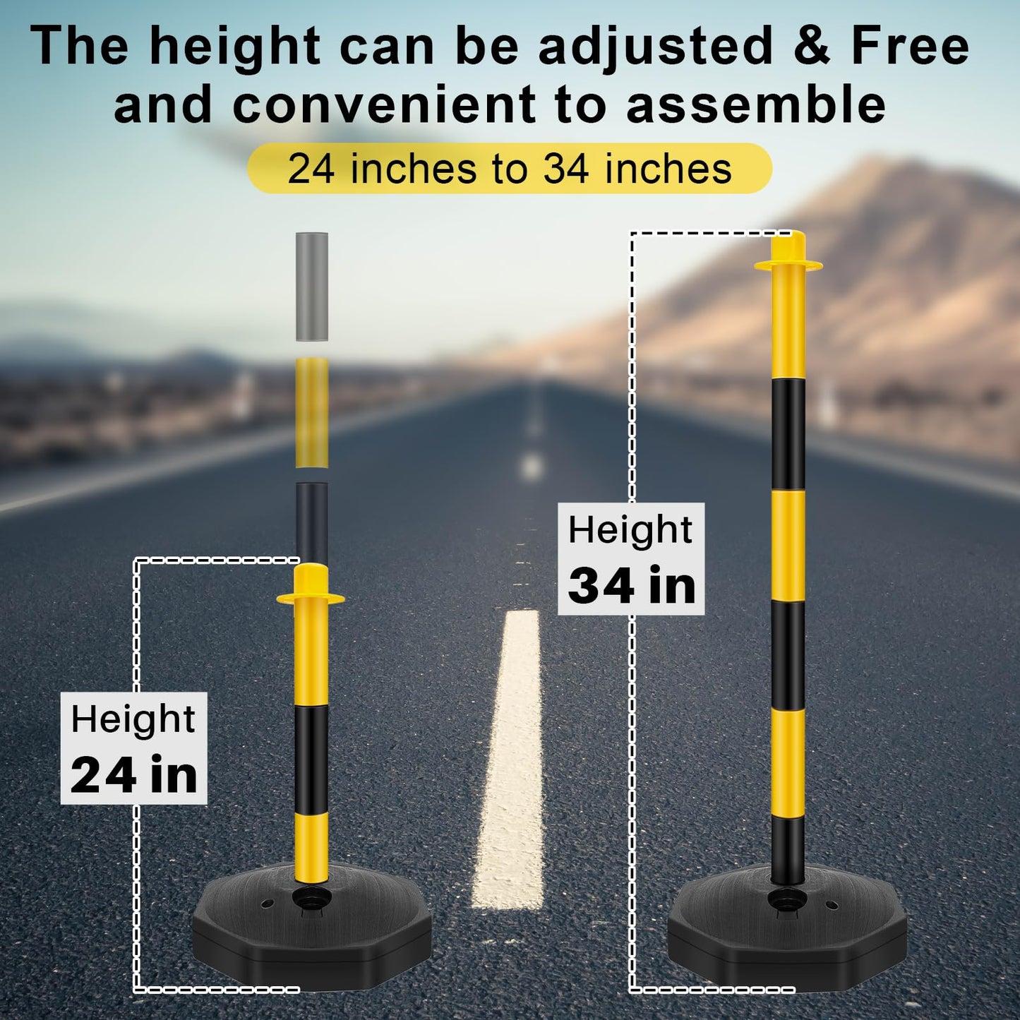Konohan 12 Sets 34 Inch Parking Cone Delineators Post Traffic Cone Plastic Stanchion Set Stands Parking Barrier with Base 6.6 ft Chain S Hooks Reflective Collar (Yellow,Black)