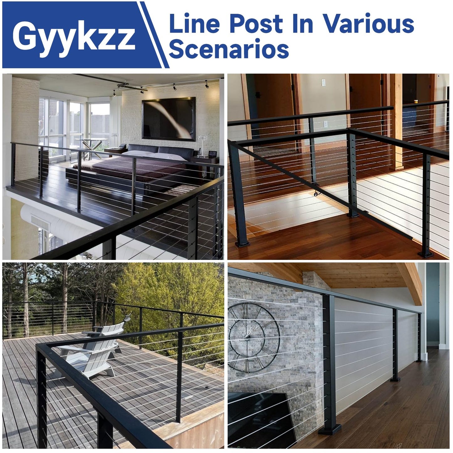 Gyykzz 42" Black Cable Railing Posts, 3 Pack Flat Top Level Drilled Railing Line Post Kit System, Stainless Steel T304 Horizontal Hole Deck Railing Handrail Post for Commercial & Residential Project