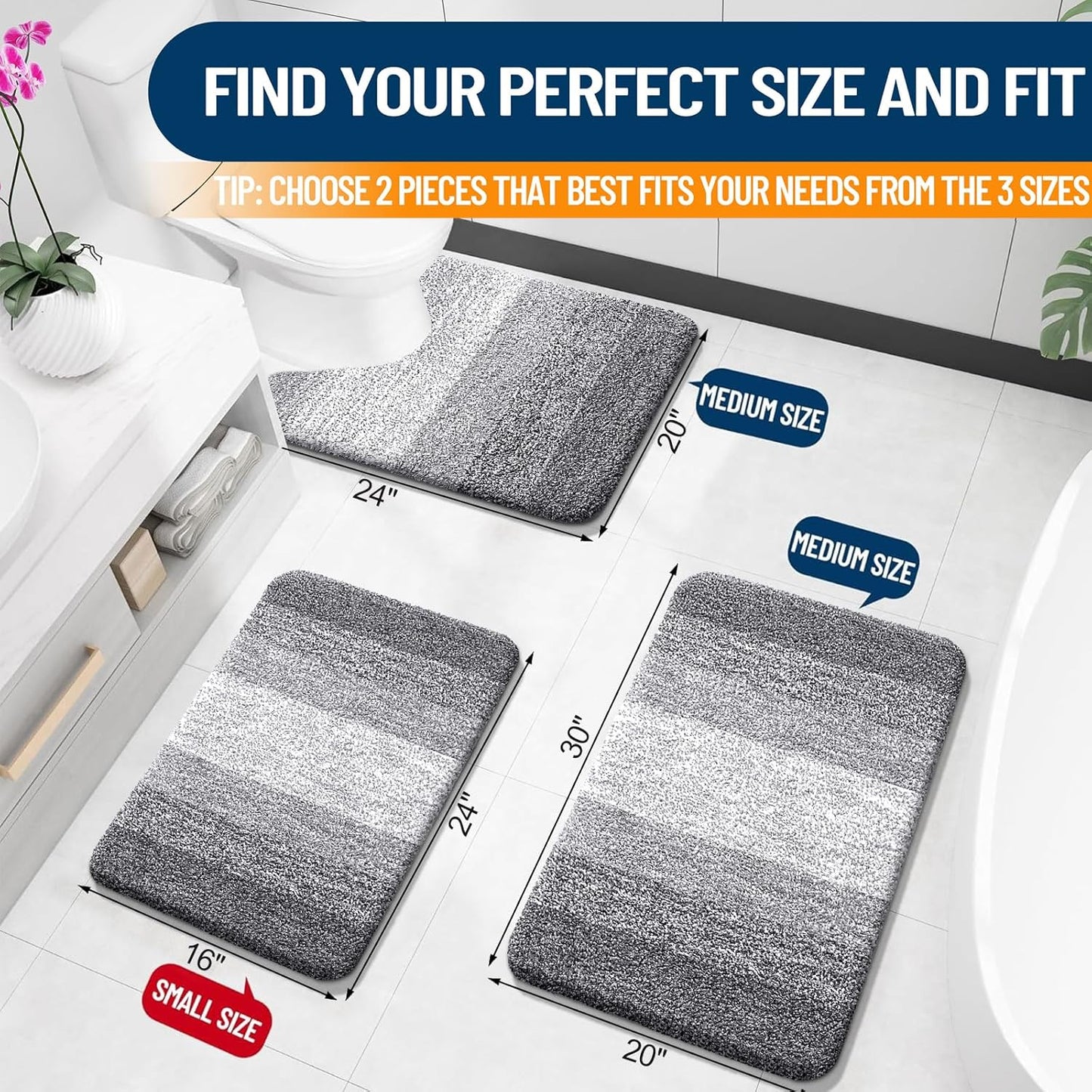 OLANLY Bathroom Rug Set - Soft Absorbent Microfiber Bath Mats & U-Shaped Toilet Rug | Non-Slip, Grey (24"x16" + 24"x20")