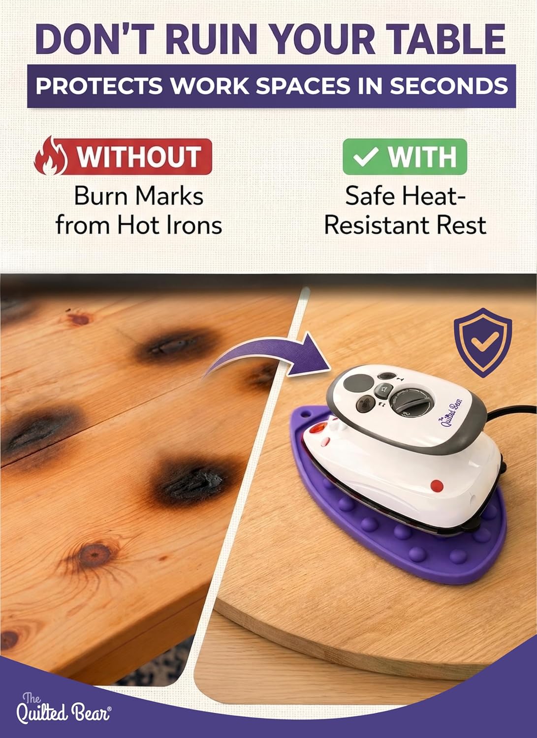 Quilted Bear Mini Iron Rest - Silicone Heat Resistant Mat for Crafting & Sewing - Durable Purple Surface