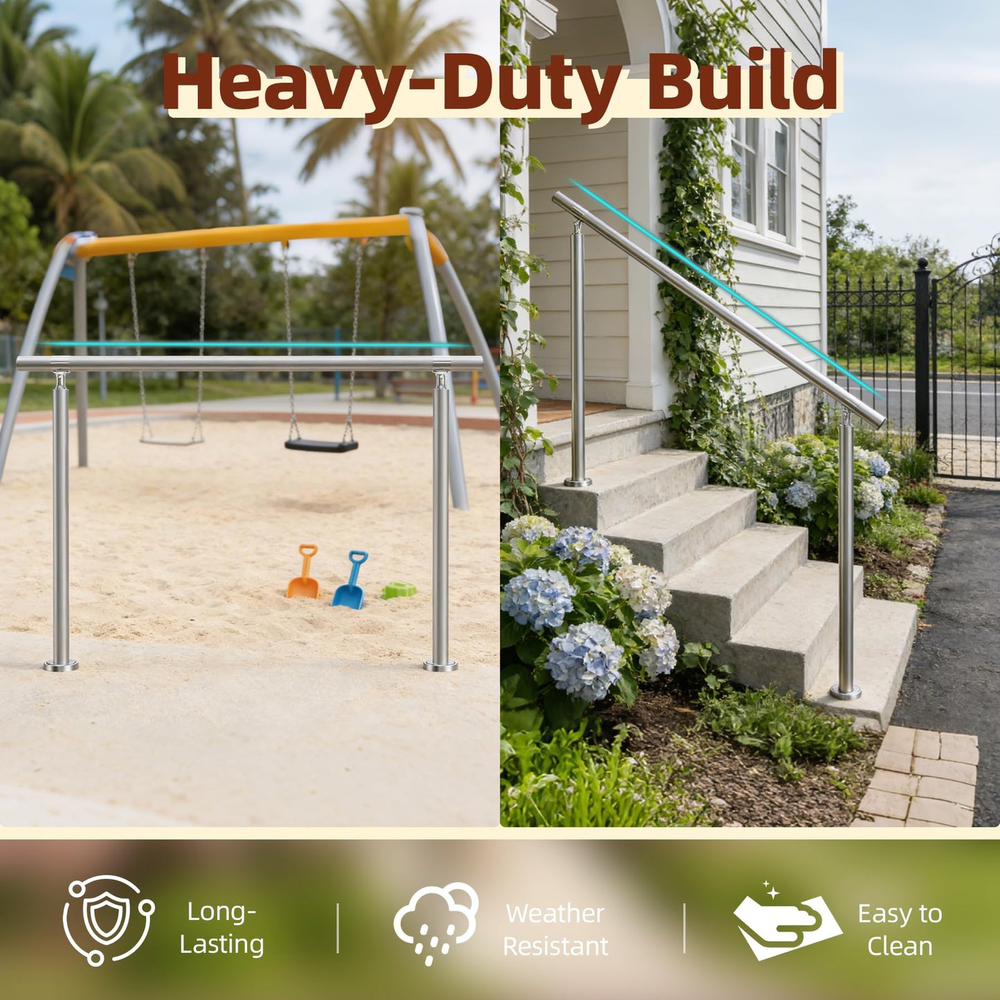 Hand Rails for Outdoor Steps – 54" L x 36" H 4-Step 304 Stainless Steel Railing Kit, Adjustable Step Railing for Concrete Steps & Porch Railing for Exterior Stairs