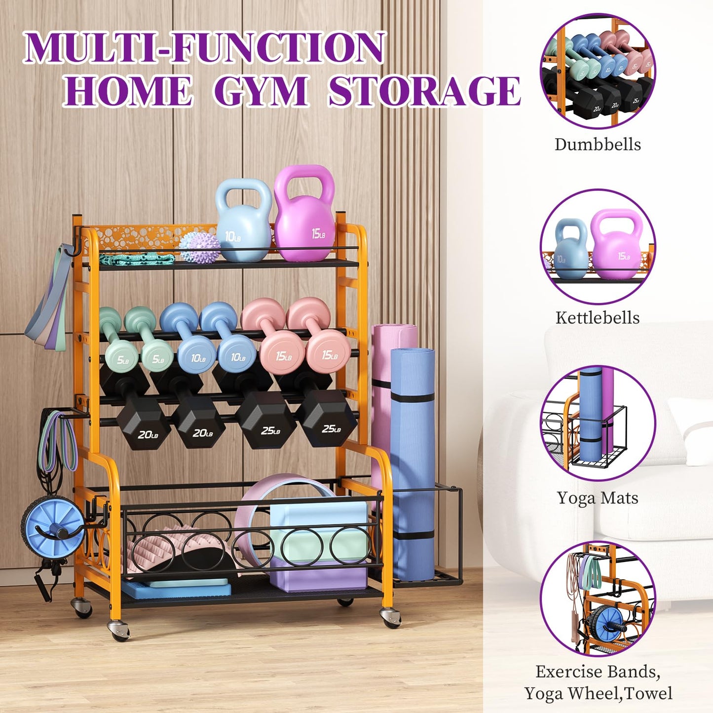 Dumbbell Rack,VOPEAK Weight Rack for Dumbbells, Weight Rack for Home Gym, Home Gym Storage Rack for Yoga Mat Kettlebells and Strength Training Equipment, Weight Storage Rack for Dumbbells with Wheels