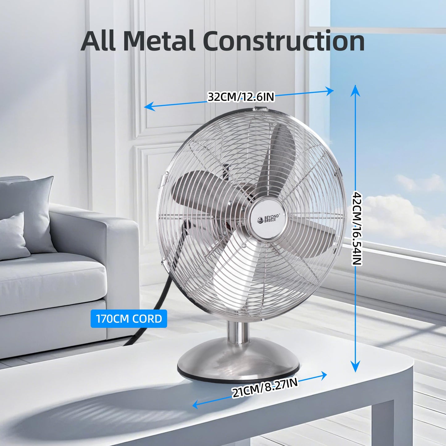 BEYOND BREEZE 12 Inch All Metal Retro Oscillating Table Fan, Desk Fan with 3-Speed Adjustable and 80° Wide Oscillation, Ideal for Bedroom, Office and Kitchen