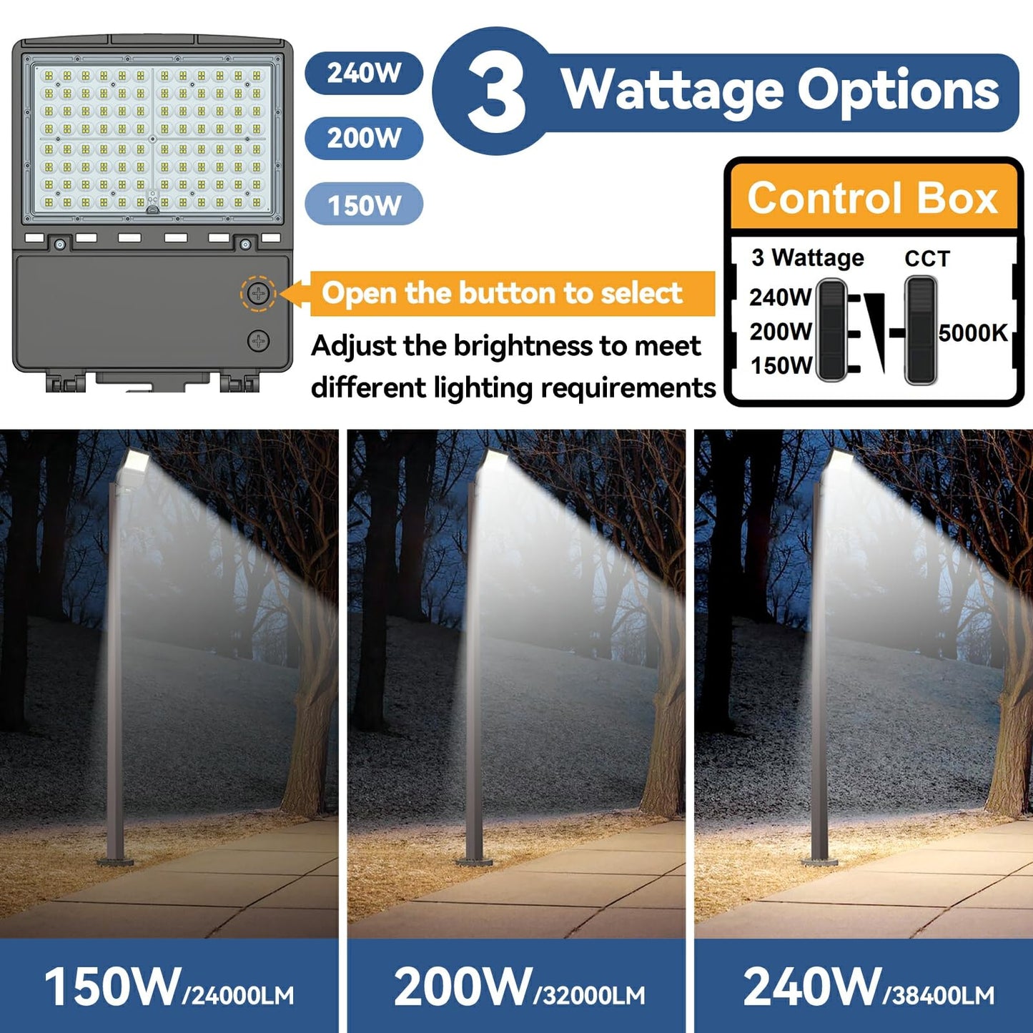 240W LED Parking Lot Light 3Pack: 150/200/240W Selectable, 38400LM 5000K Arm & Slip Fitter 2 in 1 Mount LED Pole Light, LED Shoebox Light Commercial LED Flood Light for Driveway Stadium Roadways, ETL