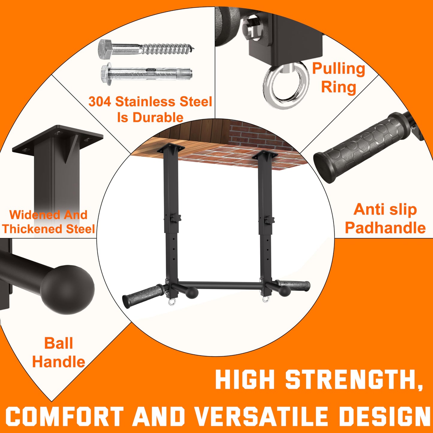 Ceiling Mount Pull Up Bar for Garage/Basement/Rafter - Heavy Duty 800LBS Adjustable Height Multi-Grip Chin Up Bar,Ceiling Joist/Beam Mounted Pull-Up Bar with Ball Finger & Round Anchors