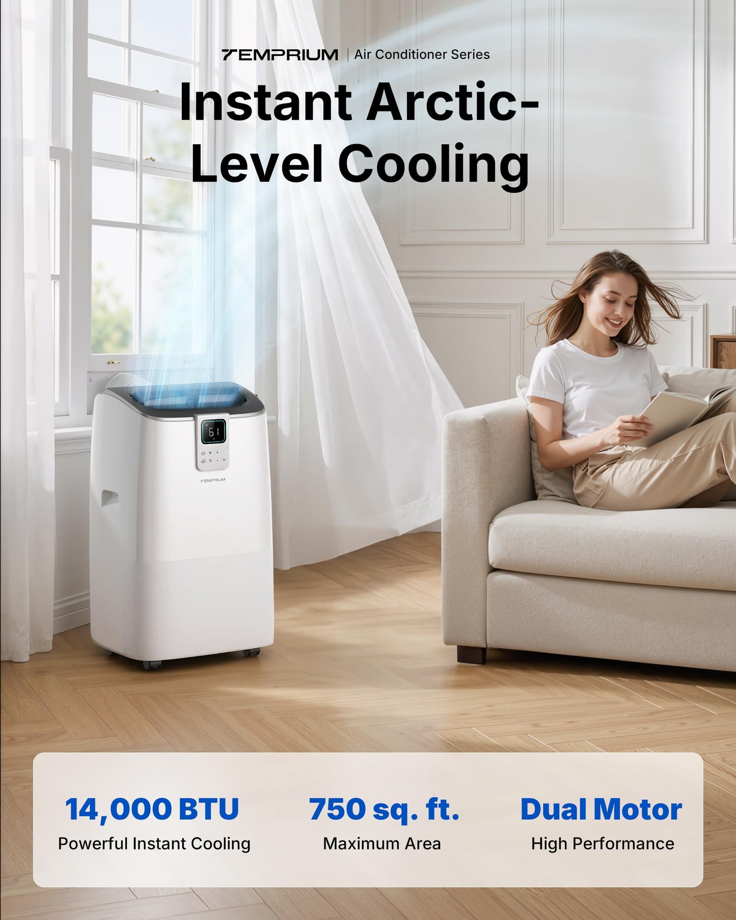 Temprium 14,000 BTU Smart Portable Air Conditioner for Large Rooms up to 750 Sq.ft, 41dB Quiet Efficient AC Unit with App & Voice Control, 4-in-1 Cooling, Dehumidifier, Fan, No-Drain Self-Evaporating