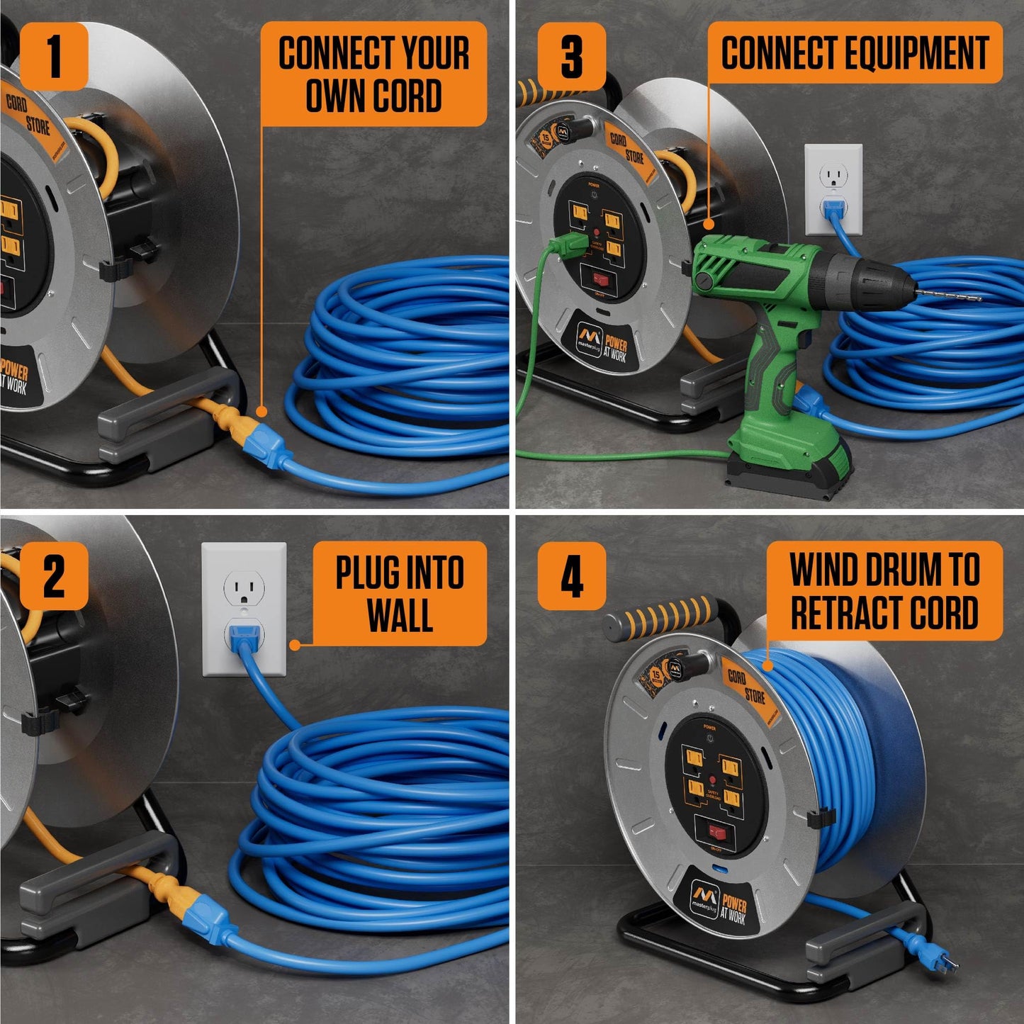 Masterplug 1ft Cord Reel, Metal Cable Drum, Retractable Extension Lead with Winding Handle, Safety Overload Circuit Breaker and Power Switch, 4x Grounded Outlets, 15amps, 12AWG Cable