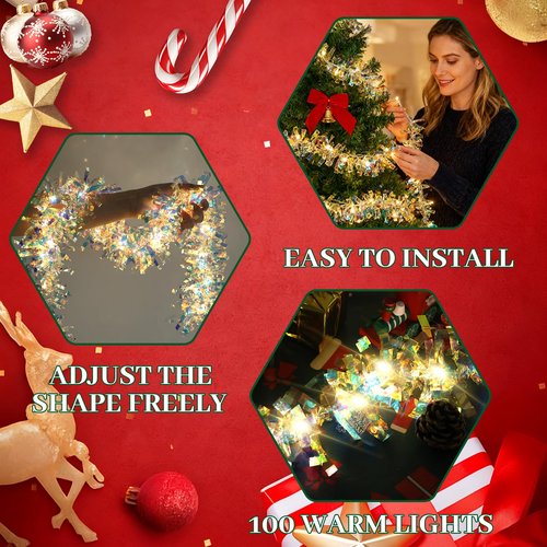 LAWOHO 2 Pack 16.5FT Christmas Tinsel Garland with Lights, Shiny Iridescent Foil Garland for Christmas Tree, Wedding Birthday Party Supplies, New Year Holiday Parties, Indoor Hanging Home Decor