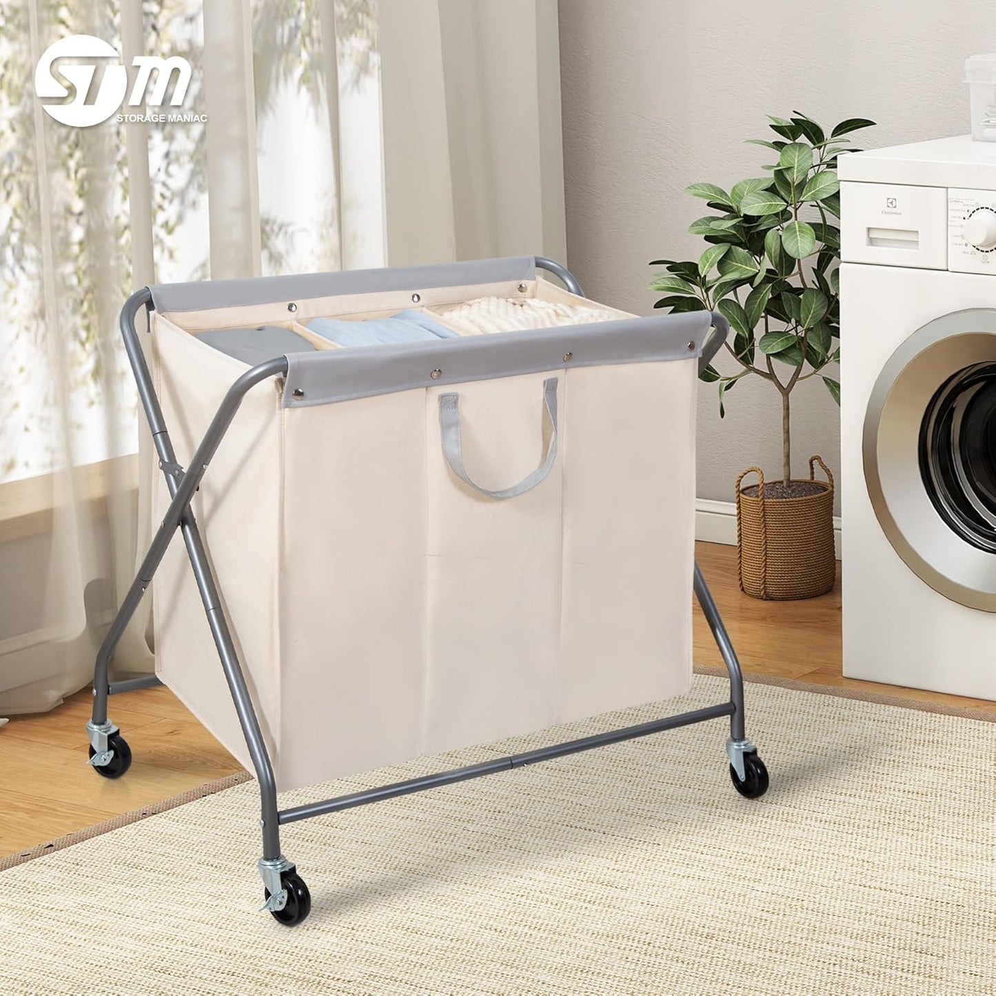 Storage Maniac 160L Collapsible Laundry Hamper - Heavy Duty Rolling Basket with Removable Bag & 3 Sections