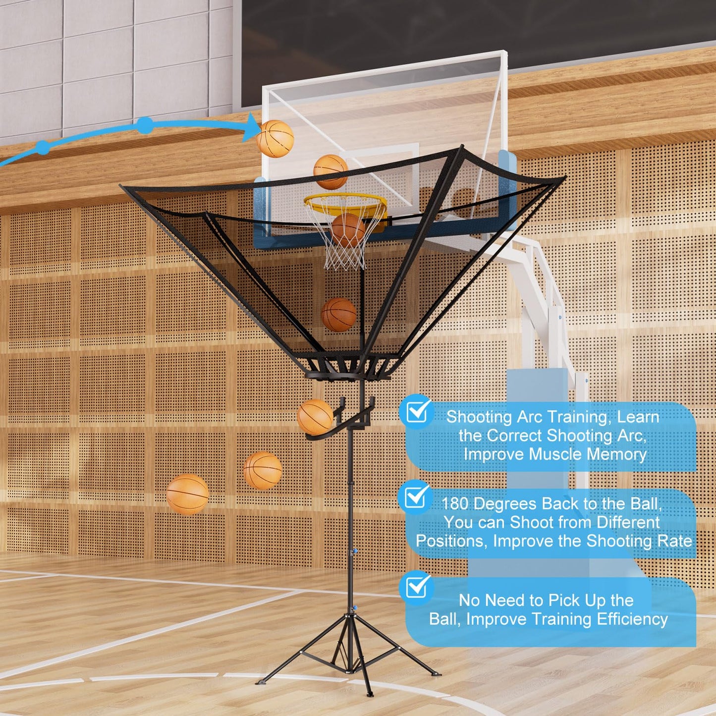 2026 Upgraded Basketball Rebounder, Adjustable Height Basketball Return Attachment with 180° Rotating Track, Basketball Shot Trainer Rebounder with Net Return System, Easy Assembly & Storage