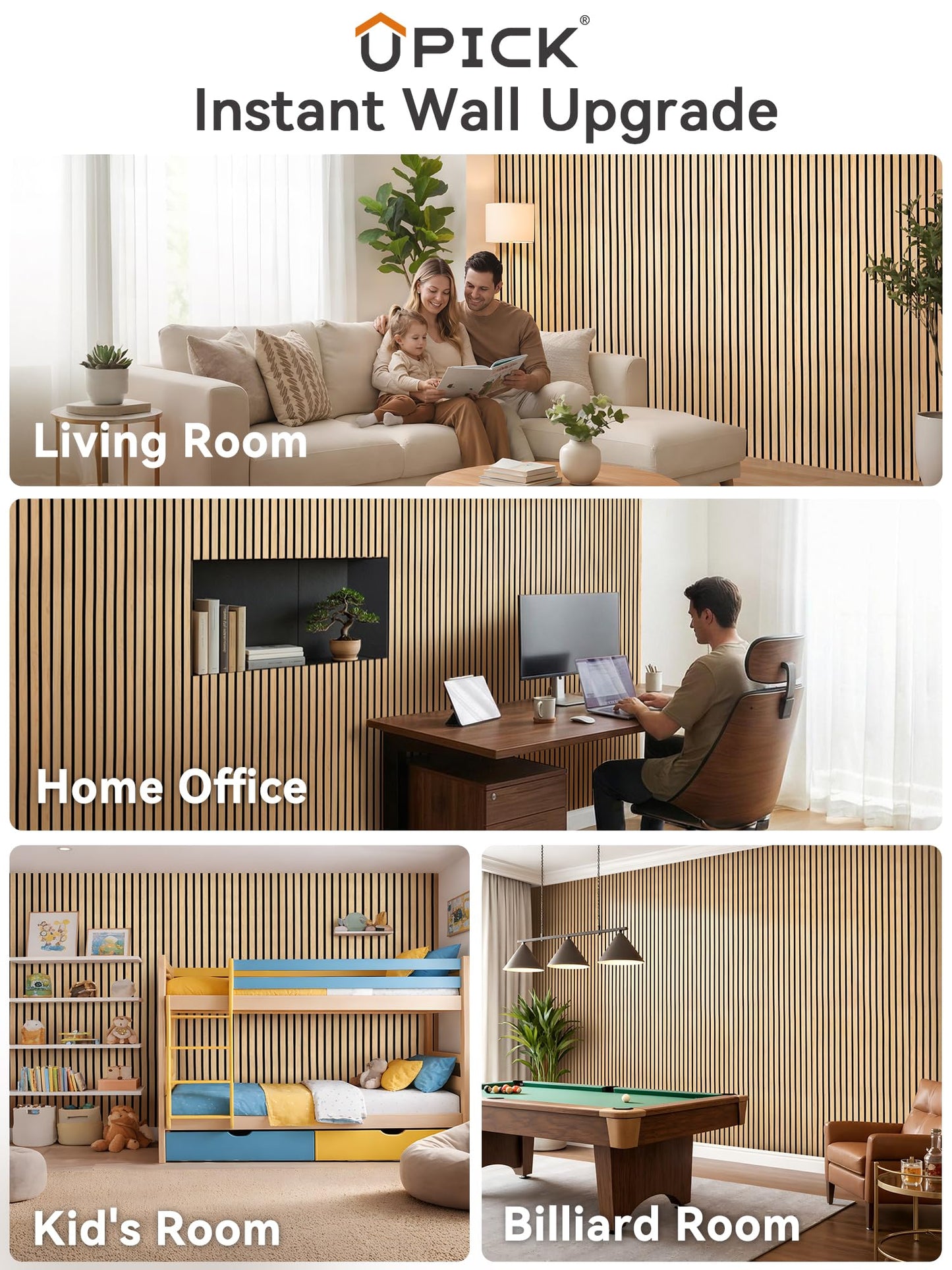 Upick Acoustic Wood Slat Wall Panels 93" x 12" Oak for Interior Decor - Sound Absorbing Accent Wall, Easy DIY Install, 4 Pack