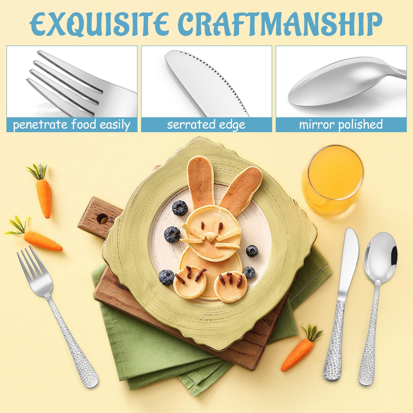 E-far 12-Piece Kids Silverware, Stainless Steel Toddler Preschooler Utensils with Adult Look, Hammered Flatware Includes 4 Forks 4 Spoons 4 Knives, Safe for Self Feeding, Non-Toxic & Dishwasher Safe