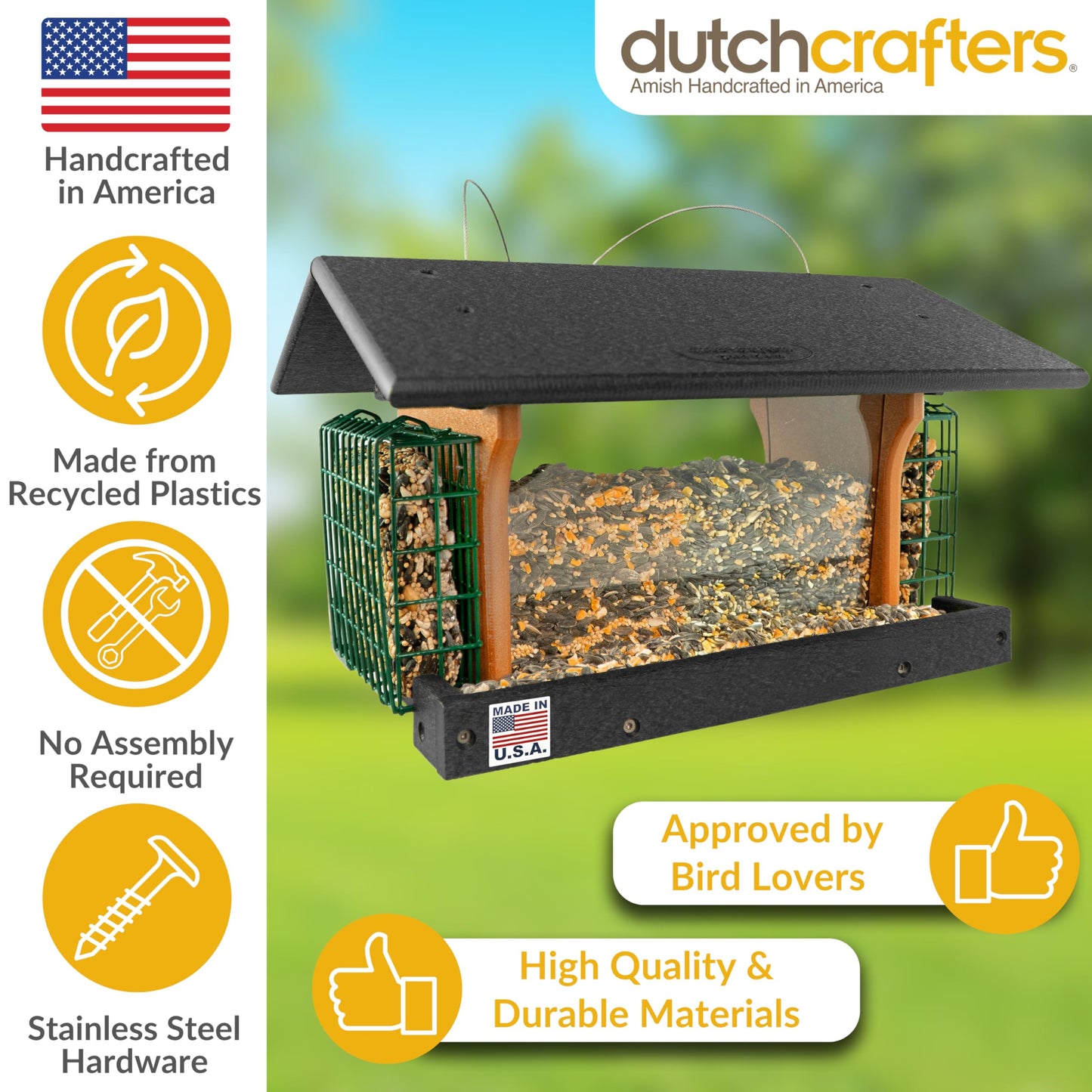 DutchCrafters Poly Hanging Large Hopper Bird Feeder with Two Suet Cake Holder Cages, Durable Long Lasting Outdoor Bird Feeder - Amish American Made in USA (Black & Cedar)