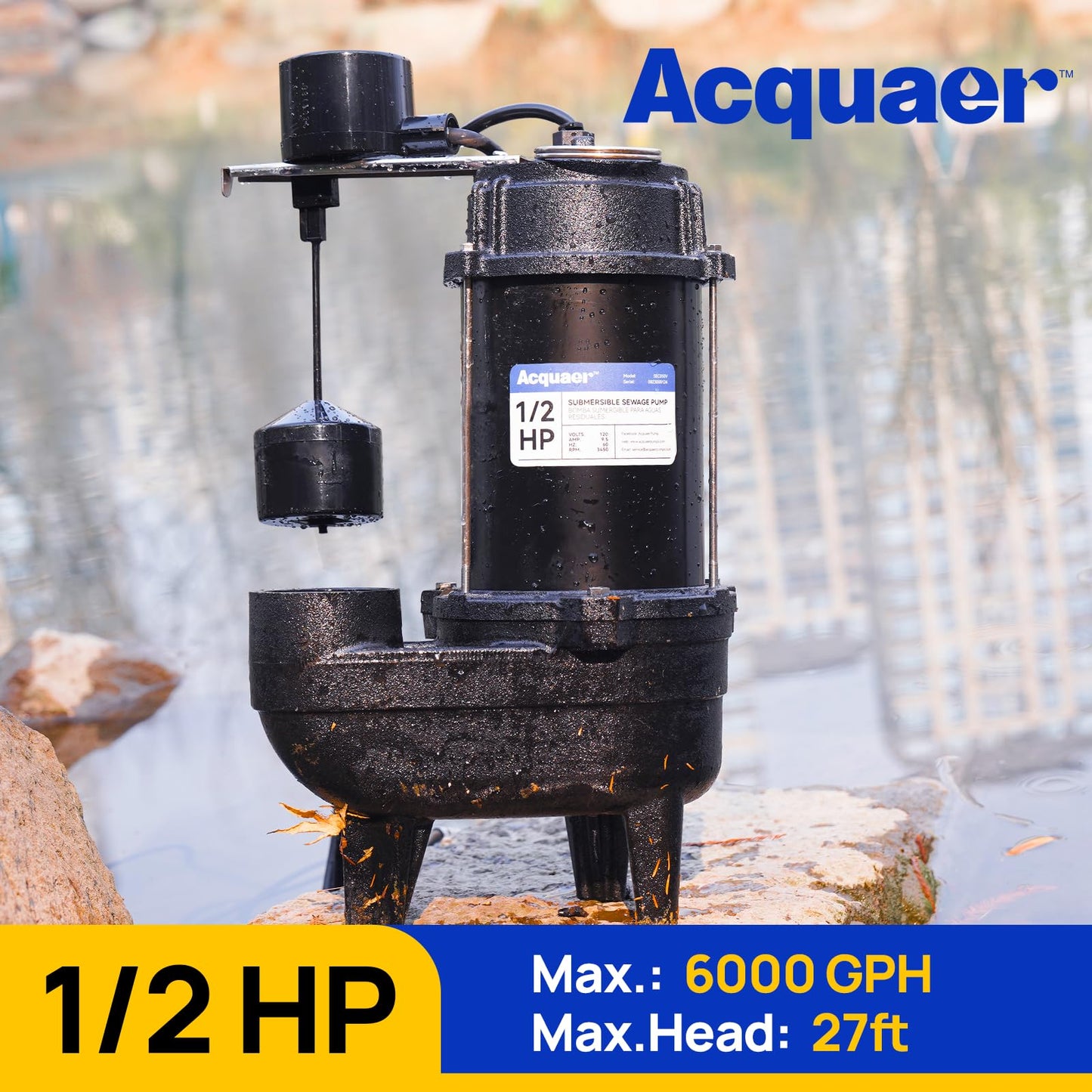 Acquaer Sewage Pump, Cast Iron, Automatic Tethered Float Switch, Sewage Effluent Pump for Sump Basin, Basement, Residential Sewage, 2'' NPT Discharge, Deep Black