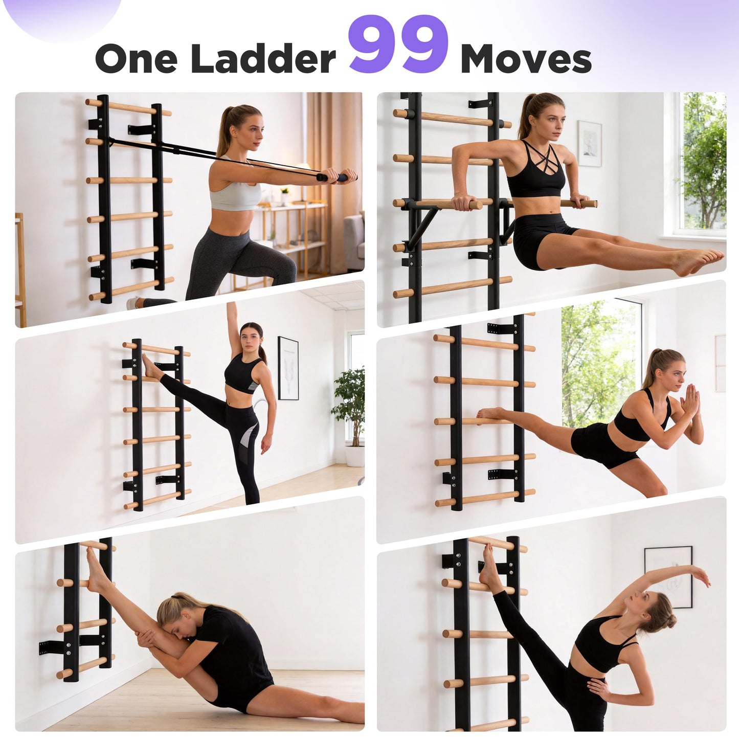 Multi-Function Half Height Swedish Wall Ladder Stall Bar – Sturdy Solid Wood & Steel Frame for Home Gym, Wall Mounted Pull Up & Climbing Bar for Full Family Strength, Stretch & Fitness Training