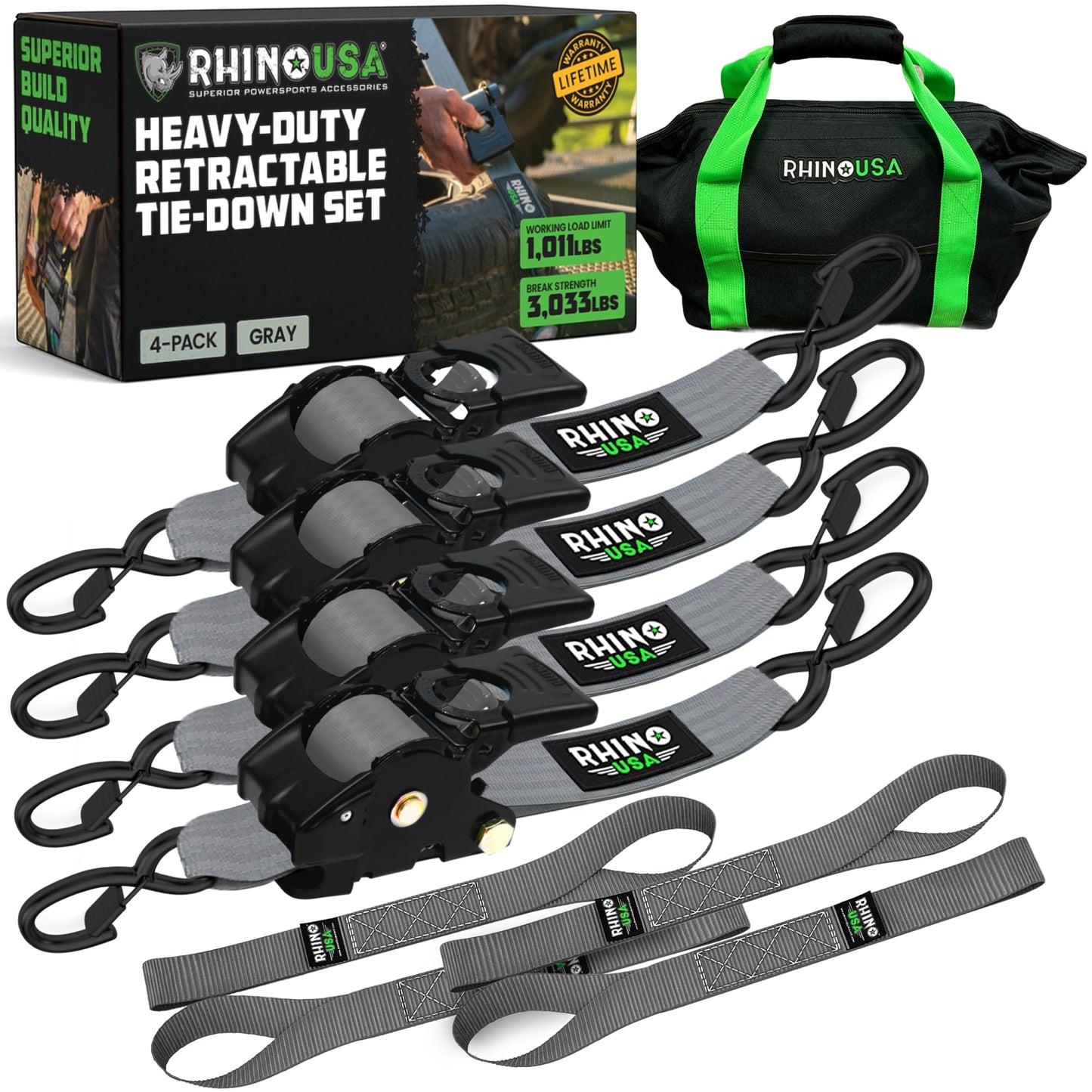 Rhino USA Retractable Ratchet Straps (4-Pack) - 2 Inch x 10 Feet (3,033lb Break Strength) - Heavy Duty Auto Self Retracting Tie Down Straps for Truck, Cargo Trailer, Motorcycle, Rad & More - Gray