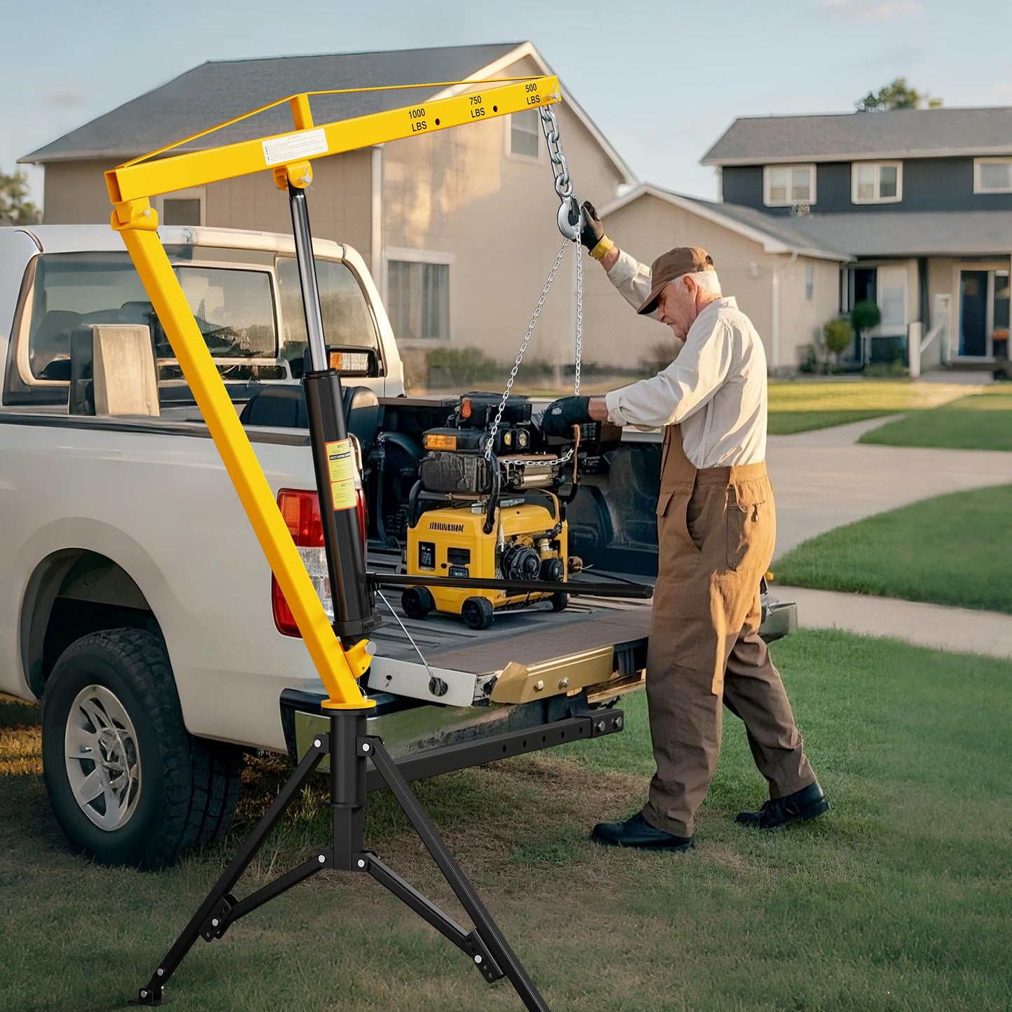 CAMMOO 1000lbs Receiver Hitch Mounted Hydraulic 360° Swivel Truck Crane with 3 Boom Capacity Options: 500lbs, 750lbs, 1000lbs. Ideal for Workshops, Construction, Agriculture, and Logging,Yellow