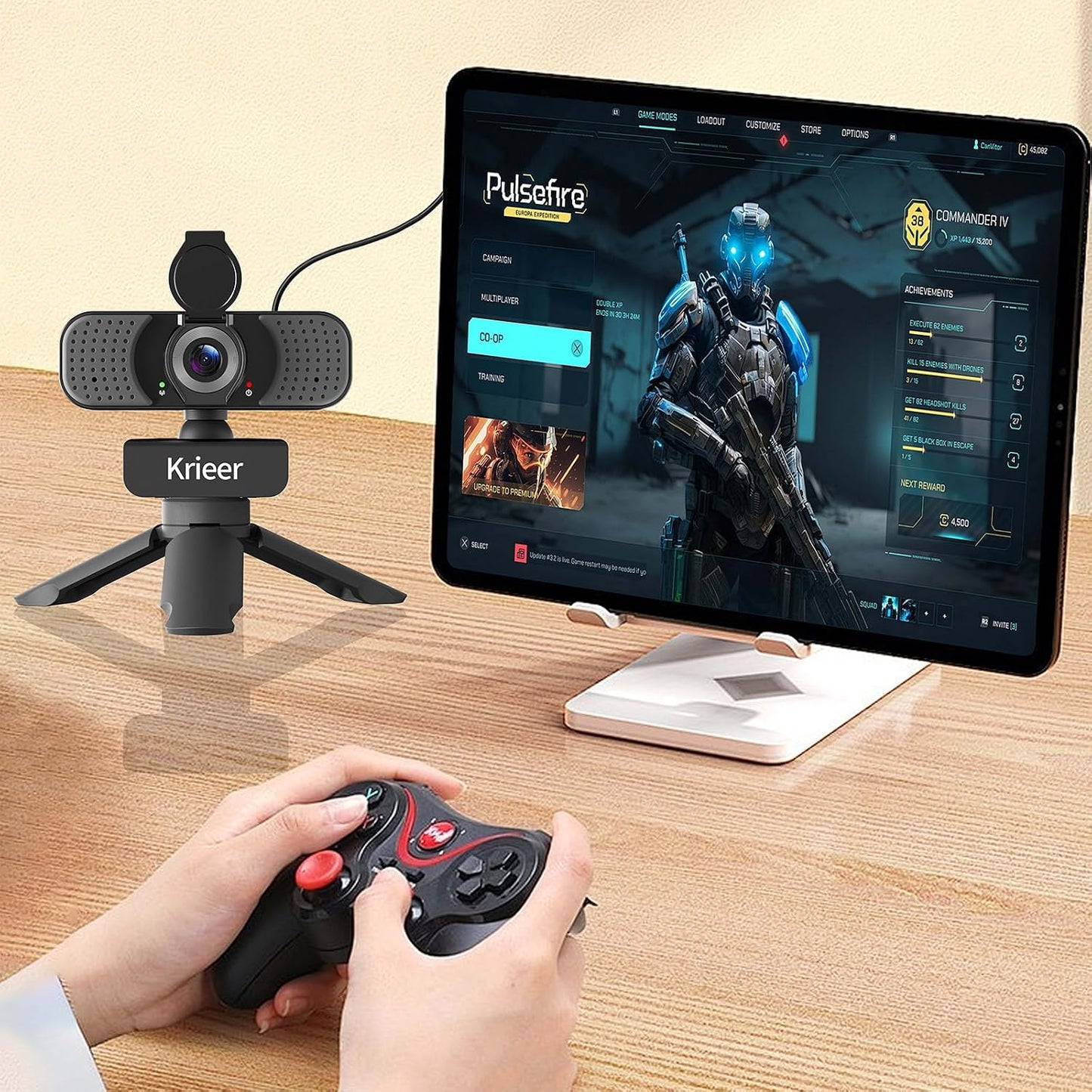 Krieer 1080P HD Webcam with Dual Mics Autofocus, Noise Cancellation, Wide-Angle, Auto Light Correction, Privacy Cover