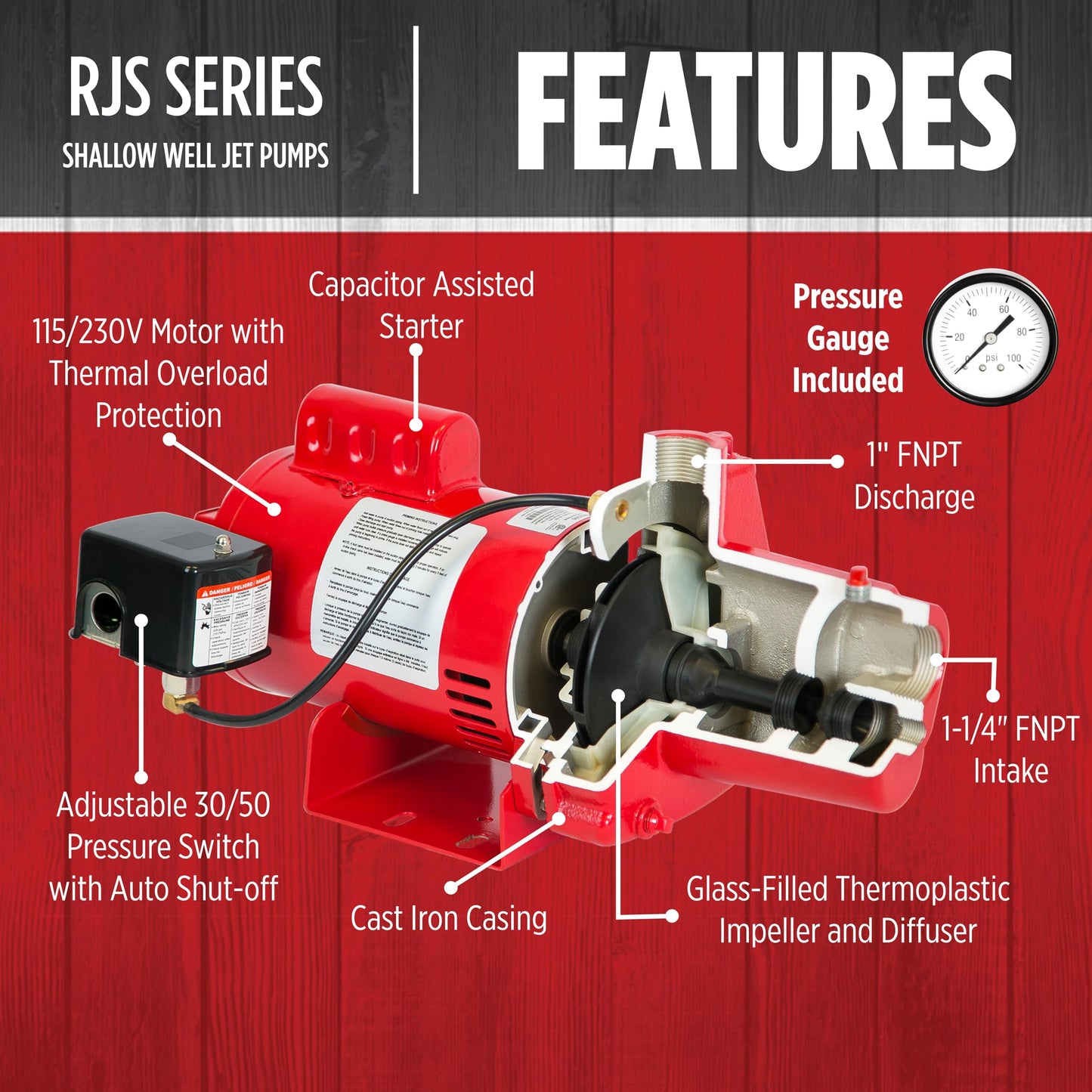 Red Lion RJS-100-PREM 1 HP, 23 GPM, 115/230 Volt, Premium Cast Iron Shallow Well Jet Pump, Red, 602208