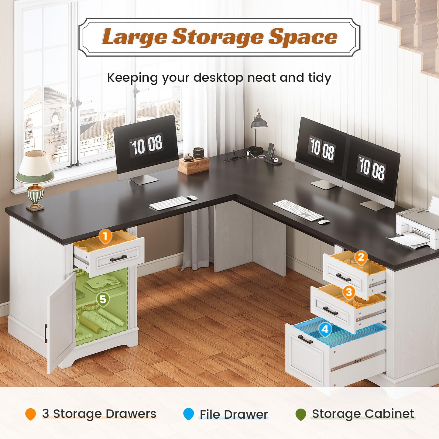 SEDETA Farmhouse 69" Executive L Shaped Desk, Home Office Desk with Drawers and Storage Cabinet & Power Outlet, Corner Computer Desk, White