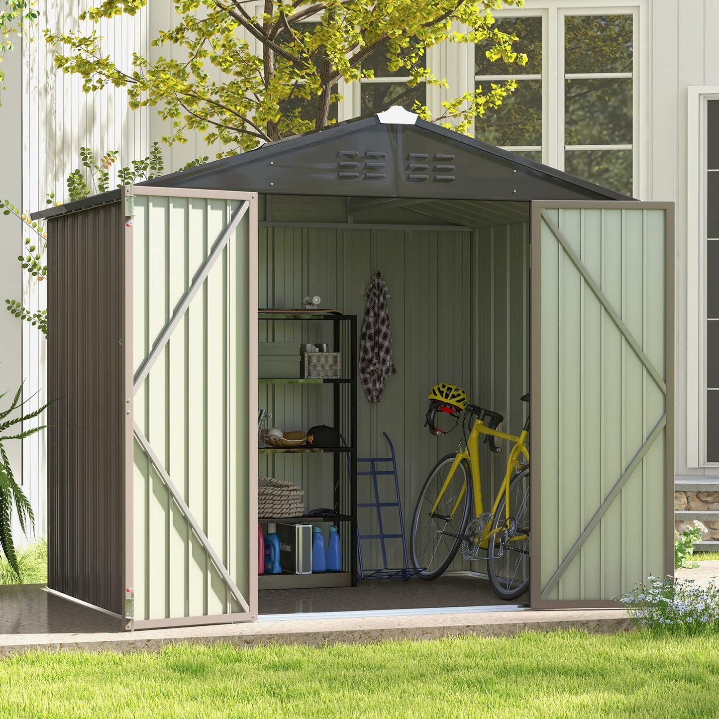 Patiowell 8x6 FT Outdoor Storage Shed, Metal Tool shed & Outdoor Storage with Lockable Doors & Air Vents, for Backyard Garden Patio, Brown