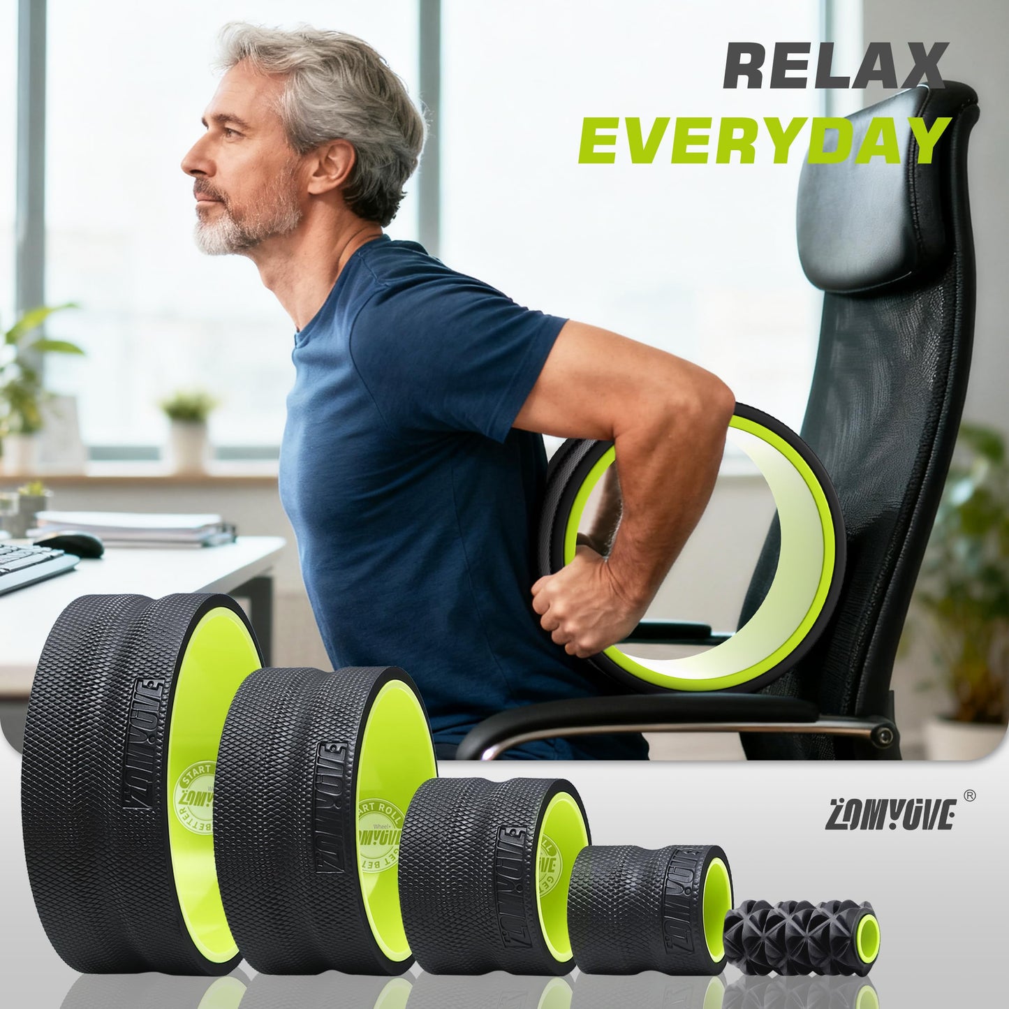 Back Roller Wheel - 5 Pack Yoga Foam Roller for Physical Therapy & Back Stretcher, Deep Tissue Massage for Pain Relief & Stretching | Green.