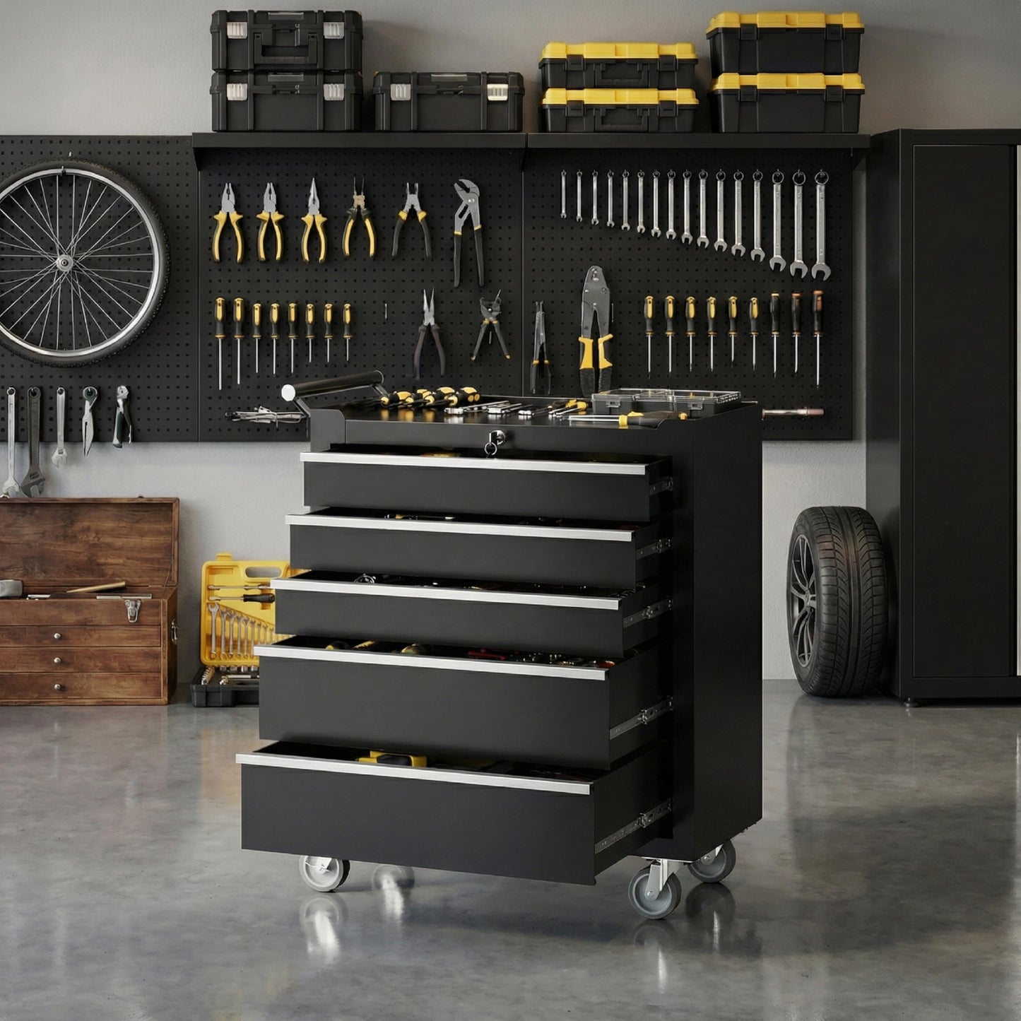 Rolling Tool Chest, 5 Drawers Tool Storage Cabinet with Wheels, Portable Tool Cabinet Organizer with Locking System & Drawer Liners,Universal Lockable Wheels, Tool Storage Cart for Garage, Workshop