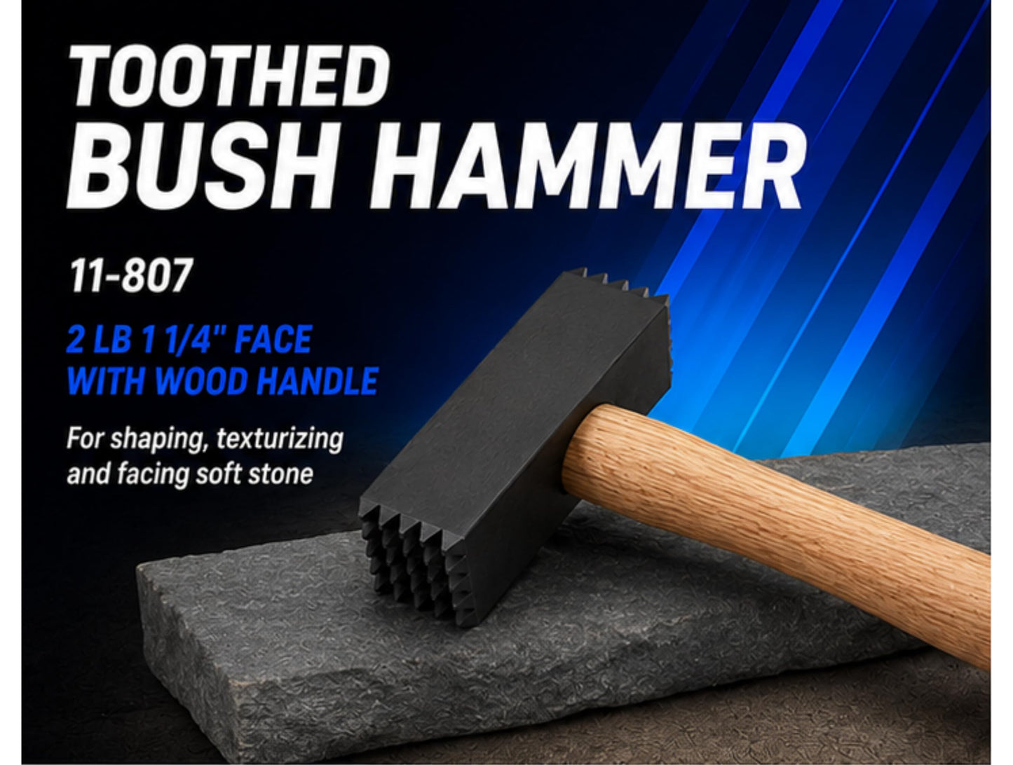 Bon Toothed Bush Hammer 2 LB 1 1/4" Face with Wood Handle 25 Teeth 5 x 5 Pattern for Shaping and Texturizing Soft Stone