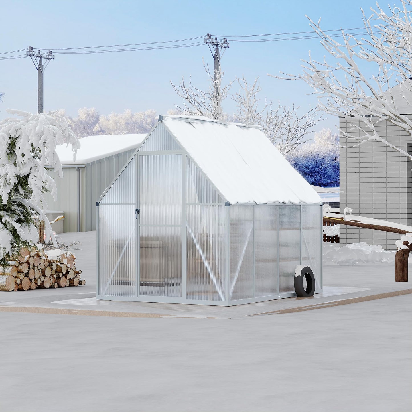 6x7 FT Heavy Duty Aluminum Polycarbonate Greenhouse – Large Walk-in Structure, Quick Setup, Roof Vent, Lockable Door, Rain Gutter – Ideal for Patio, Backyard, Garden – Silver
