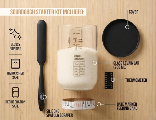Kook Sourdough Starter Kit - Complete Set with Glass Jar, Thermometer & Guide | 30 oz