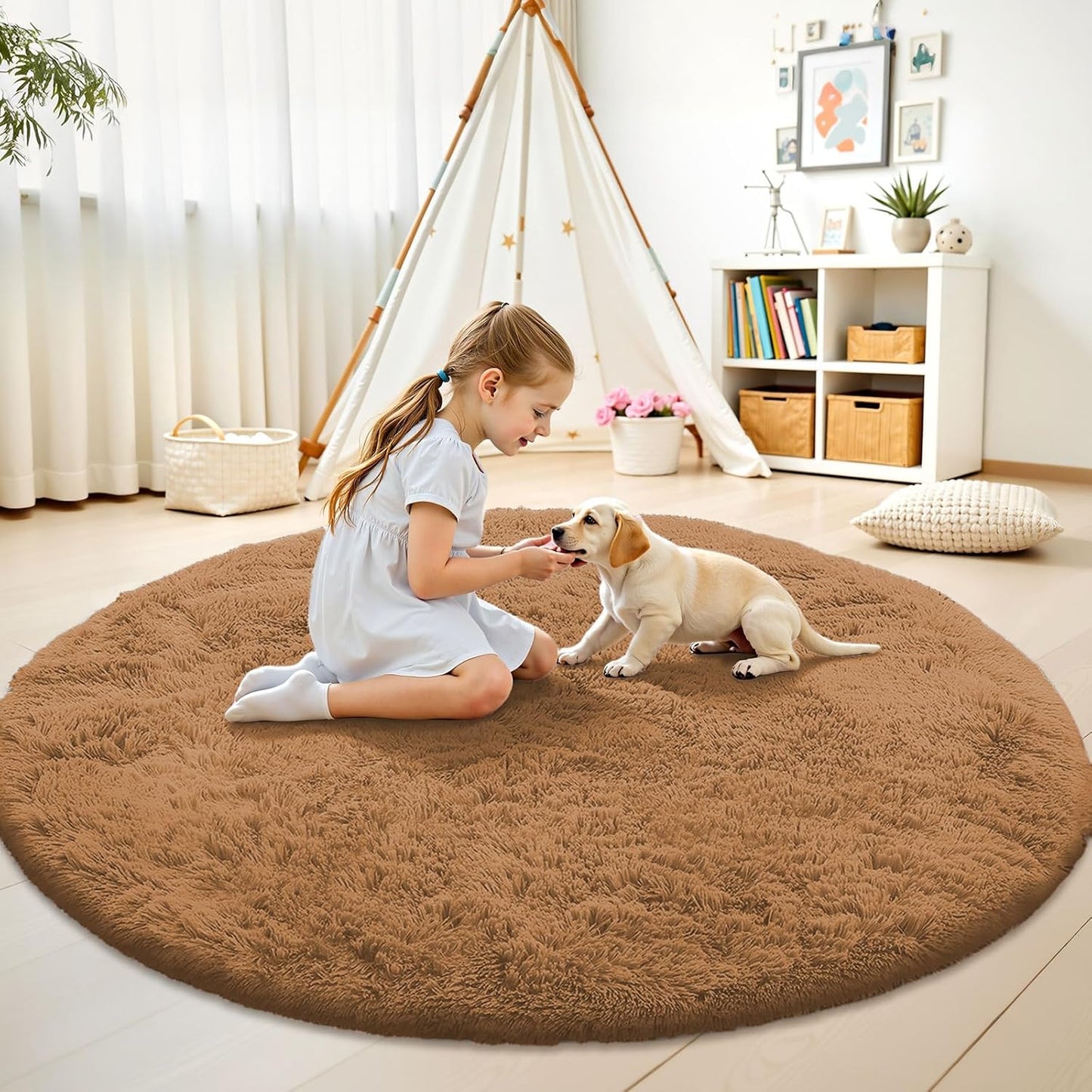 OLANLY Round Khaki Area Rug - Soft, Fluffy, Machine Washable 7 ft Circle Carpet for Bedroom & Living Room