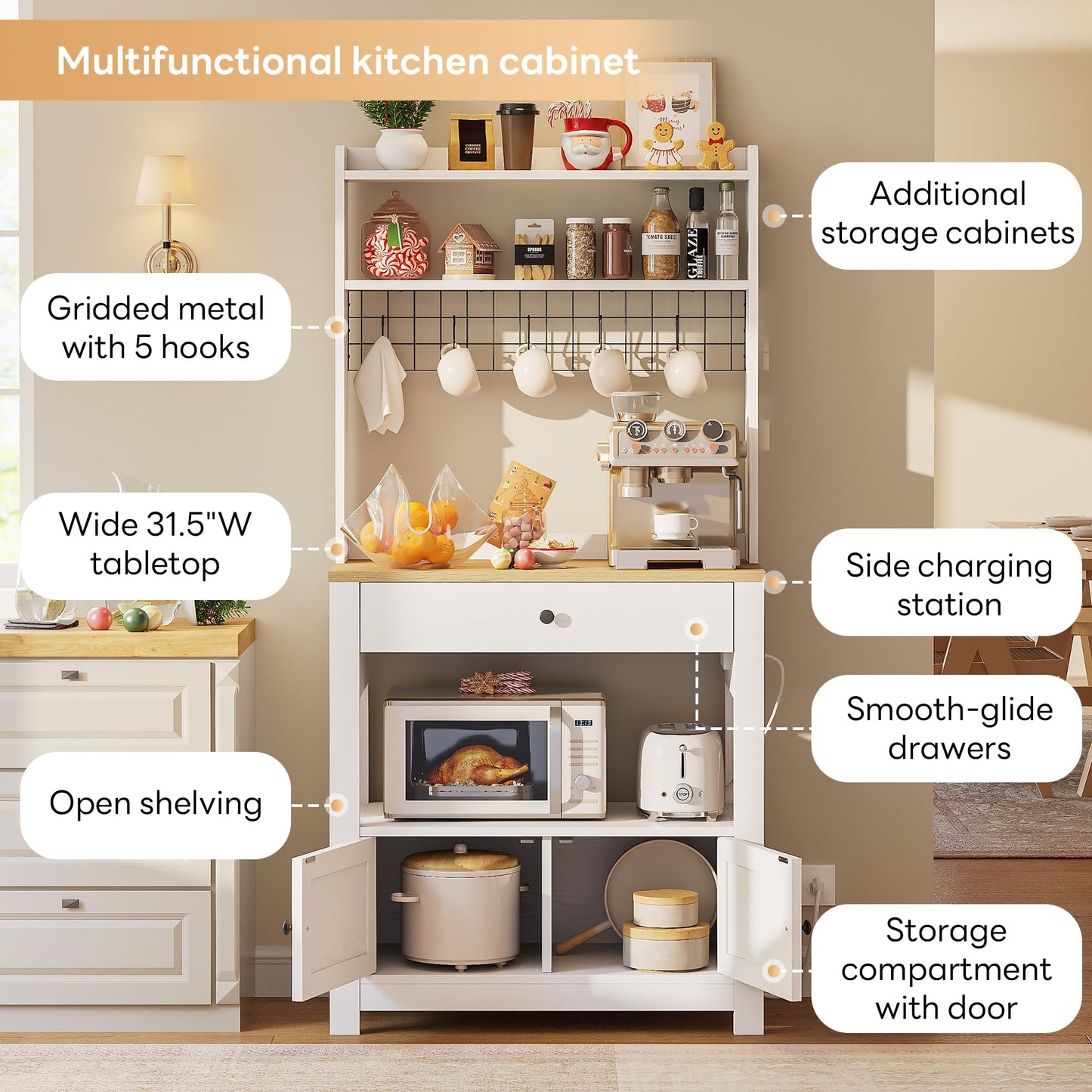 LIKIMIO Baker Rack with Spill-Safe Power Outlet & Drawer, Coffee Bar Cabinet with Storage, Farmhouse Microwave Stand with Hutch and 5 Hooks for Kitchen, White