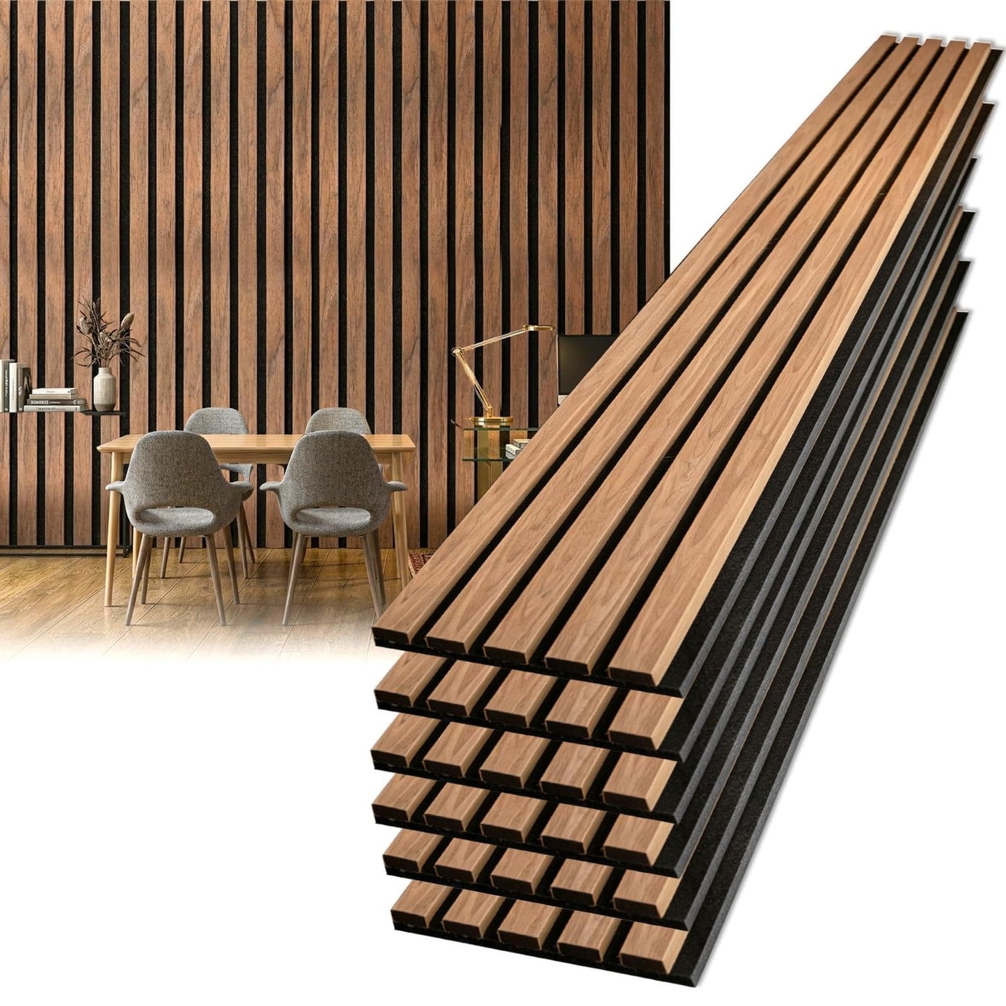 ZThrgran 6-Piece Wood Slat Acoustic Wall Panels, 94.5"x7.9" 3D Textured Accent Strips for Room Decor and Noise Reduction, Walnut