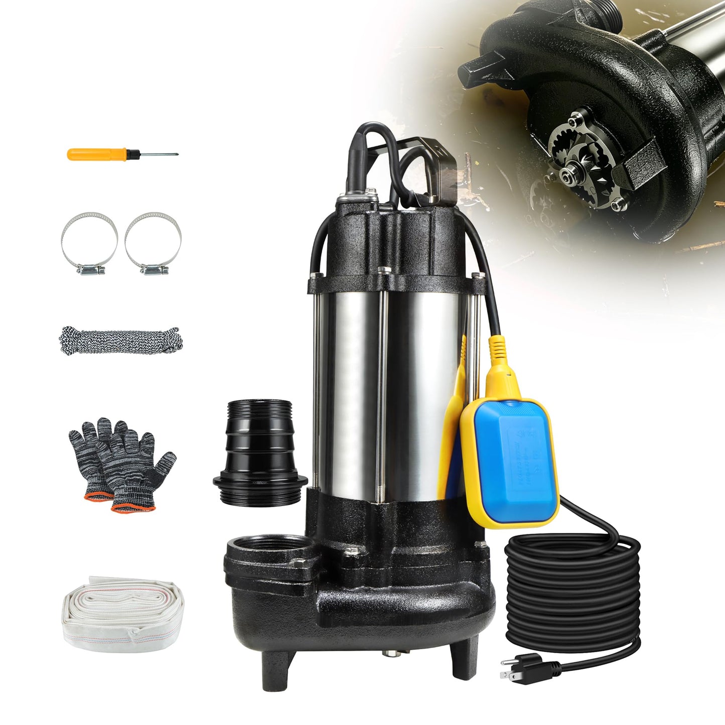 Sewage Grinder Pump, 1HP Sump Pump Submersible 110V 6400GPH 40Ft Max Head, Stainless Steel Cast Iron Effluent Pump with Auto Float Switch 2'' NPT for Basement Basin Sewage Well Pond Swimming Pool