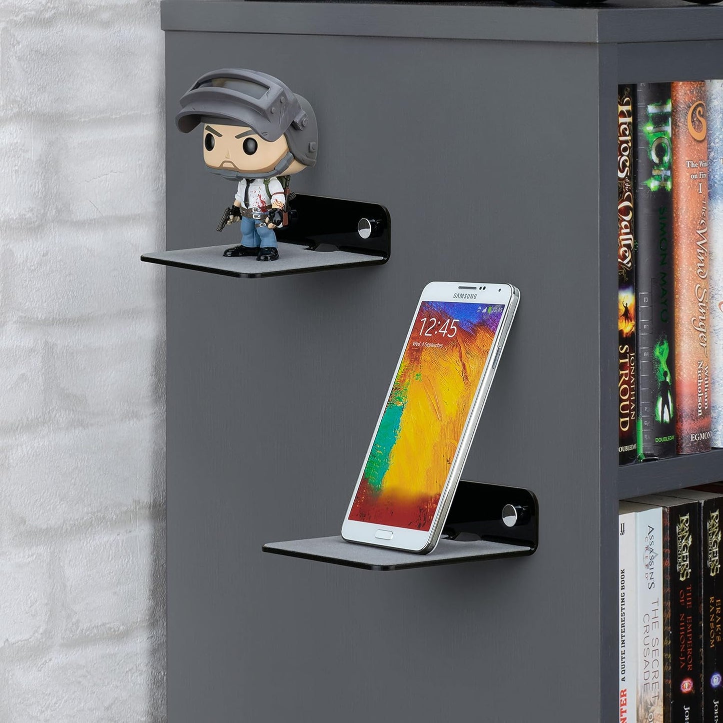 BRAINWAVZ 2-Pack 4 (SHELF11 Small Floating Shelf Bluetooth Speaker Stand, Adhesive & Screw Wall Mount, Anti Slip