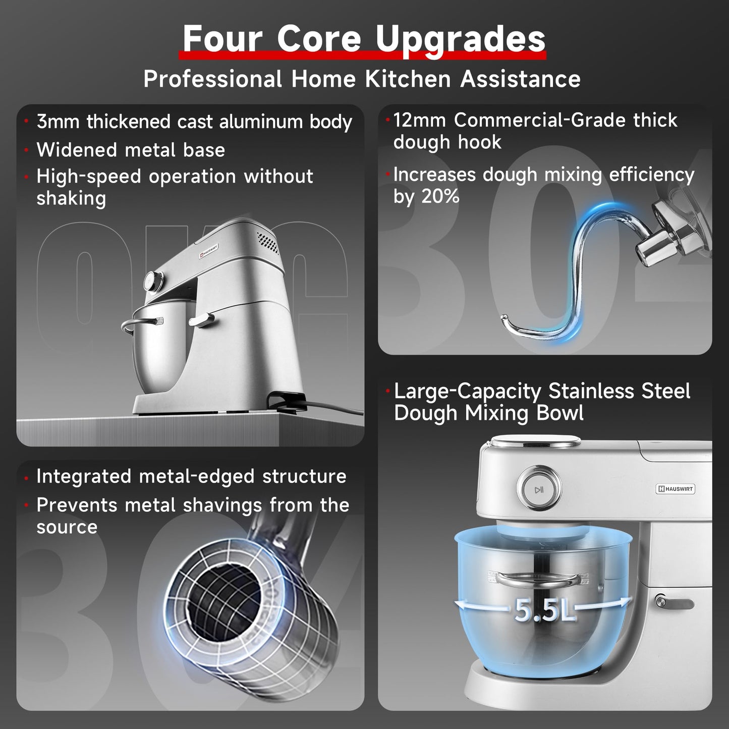 Hauswirt Stand Mixer 6QT XL Large, 4.5" LED Touch Screen Electric Household Stand Up Mixer, Full Metal Structure Standing Mixer 11-Speed, Dough Cake Bread Mixer – Silver