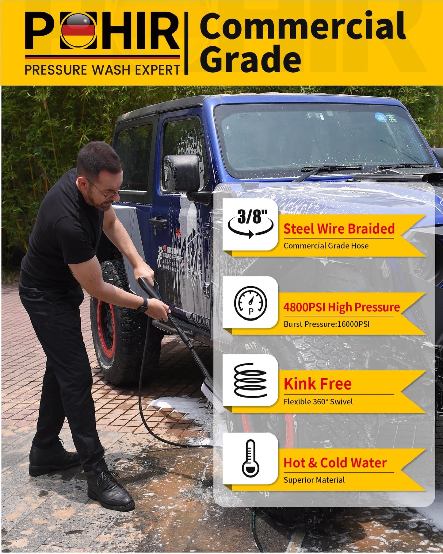 POHIR 3/8" Pressure Washer Hose 100ft 4800PSI, Power Washer Hose Steel Wire Braided with Swivel Quick Connect, Commercial Grade Industrial High Pressure Water Washing Hose (4800PSI, 100FT)