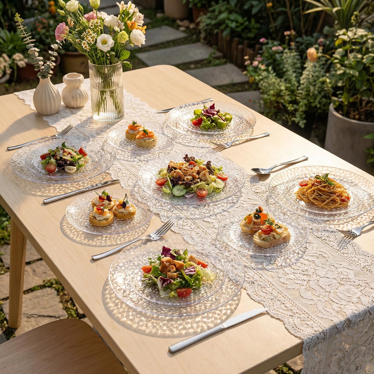 Rubtlamp 60Pcs Plastic Plates, Clear Disposable Plates, Hammered Heavy Duty Plastic Platos, Fancy Disposable Platos Include 30 Clear Dinner Plate, 30 Salad Plate For Bridal Spring