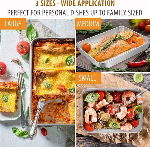E-far Stainless Steel Baking Pans Set | 3-Piece Rectangle Bakeware for Cake, Lasagna & Brownies - 12.5/10.5/9.4 Inch, Non-Toxic & Dishwasher Safe
