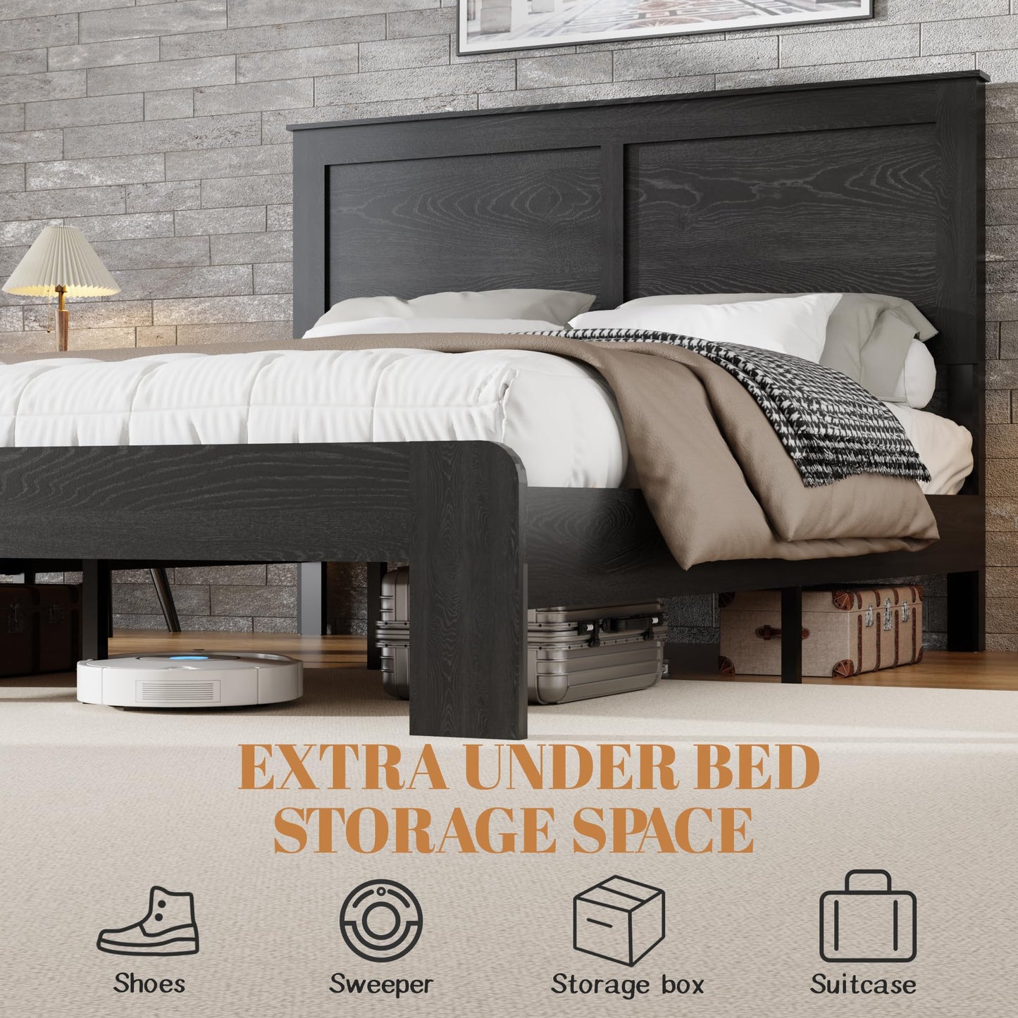 Full Size Wood Platform Bed Frame with Metal Structure, Industrial Style Bed with Wood Slats Support, No Box Spring Needed, Noise-Free Design, Large Underbed Storage, Easy Assembly, Dark Brown