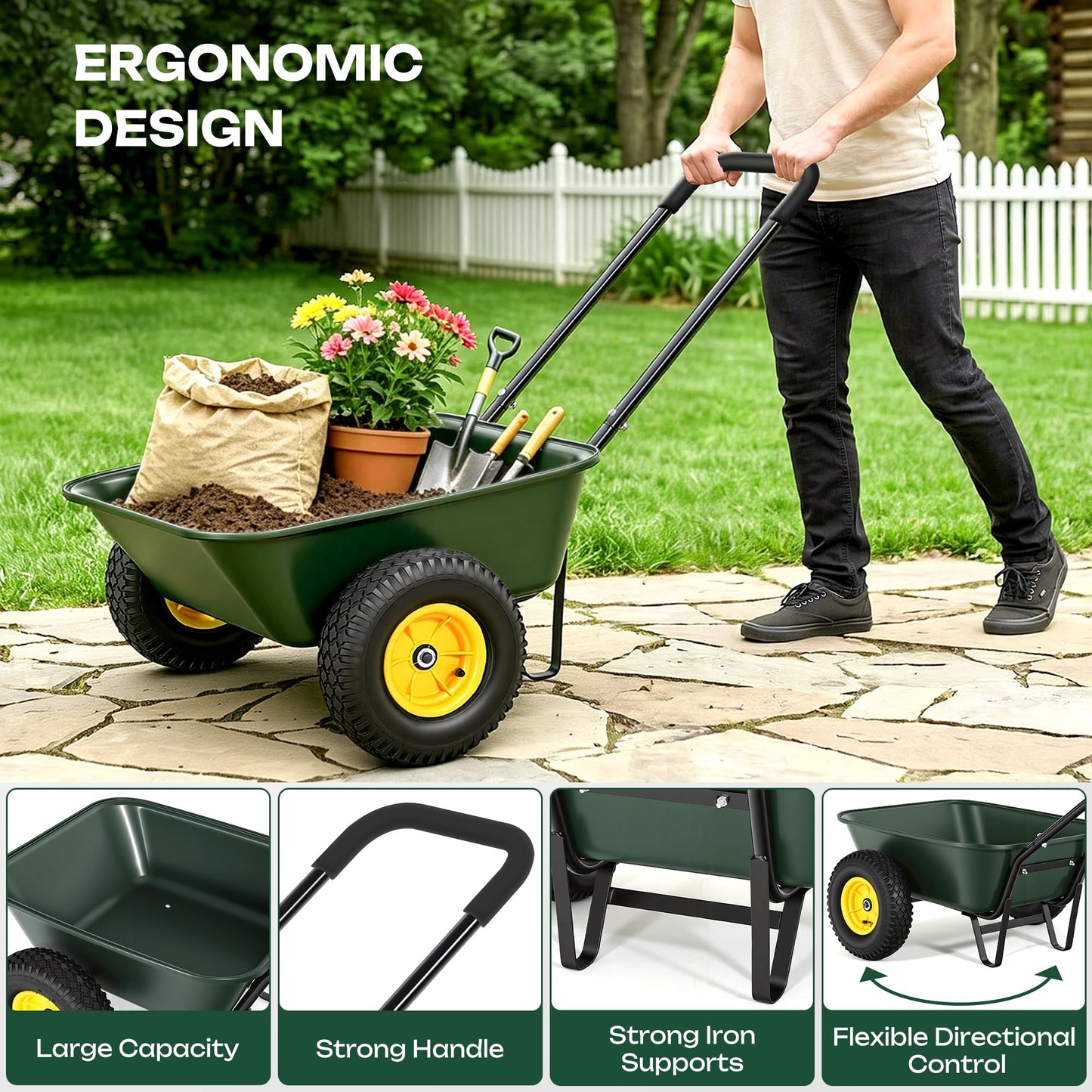 Autodaya 2 Wheel Wheelbarrow, Dual-Wheel Garden Dump Cart with 10" Non-Slip Pneumatic Tires & Ergonomic Padded Handle, Heavy-Duty Home Utility Yard Cart Wagon for Lawn, Farm, Porch, Gardening, Green